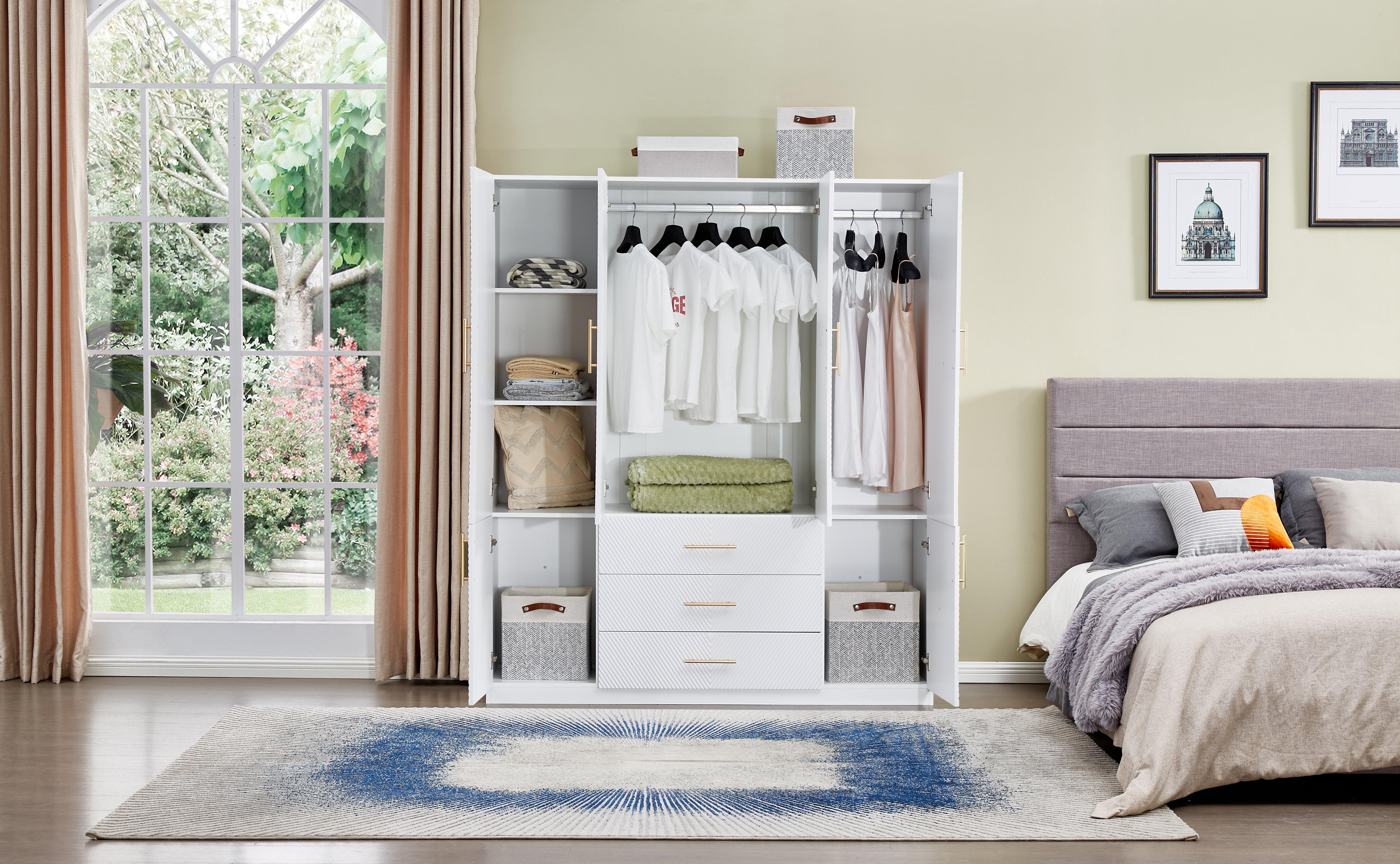 74.2" Tall White Wardrobe Closet with 4 Doors, 3 Drawers, Shelves & Hanging Rod – Freestanding Storage Cabinet for Bedroom or Bathroom Clothes Organization - PRHOMZ