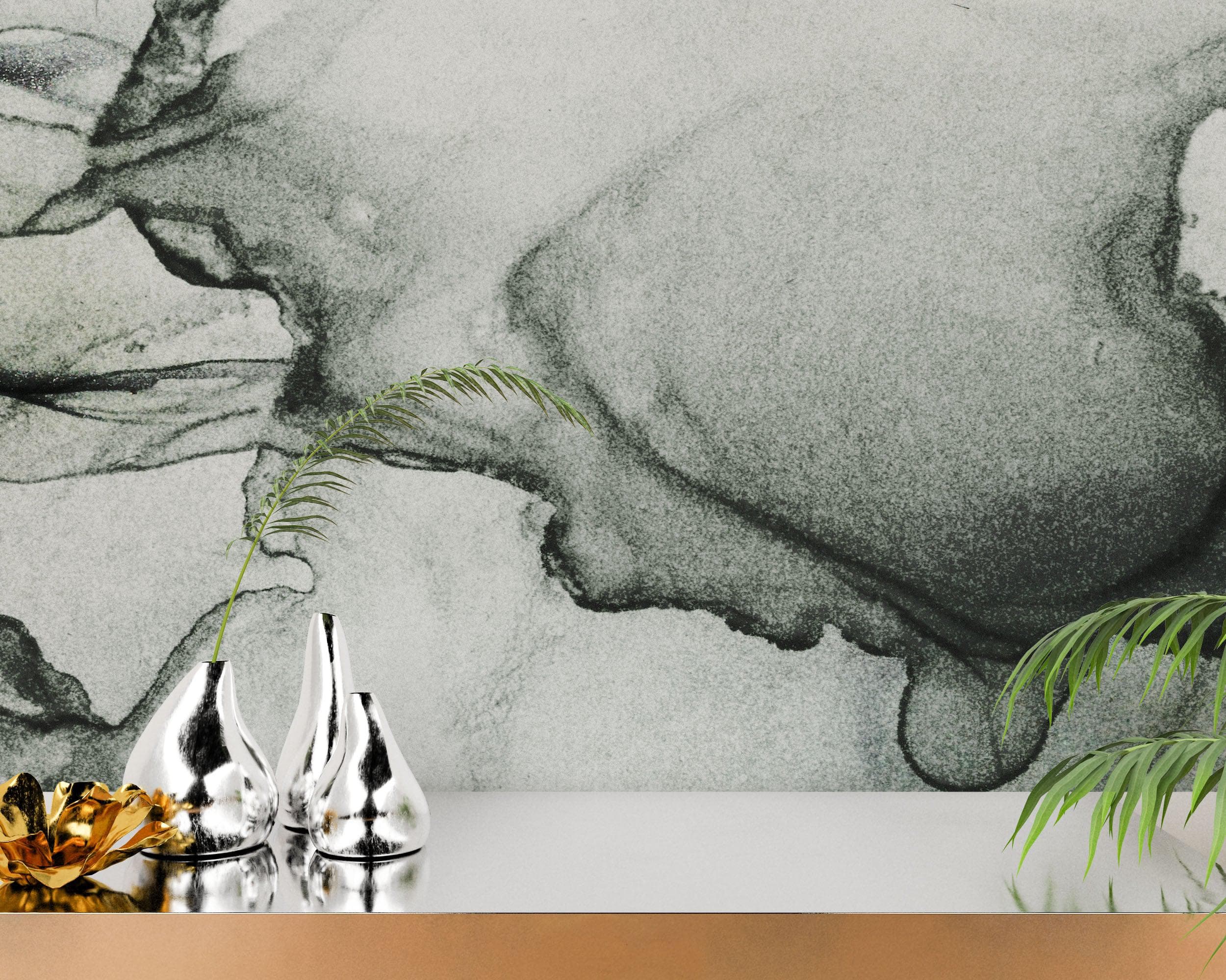 Abstract Black and White Fluid Alcohol Ink Painting Wall Mural. Peel and Stick Wallpaper. #6341