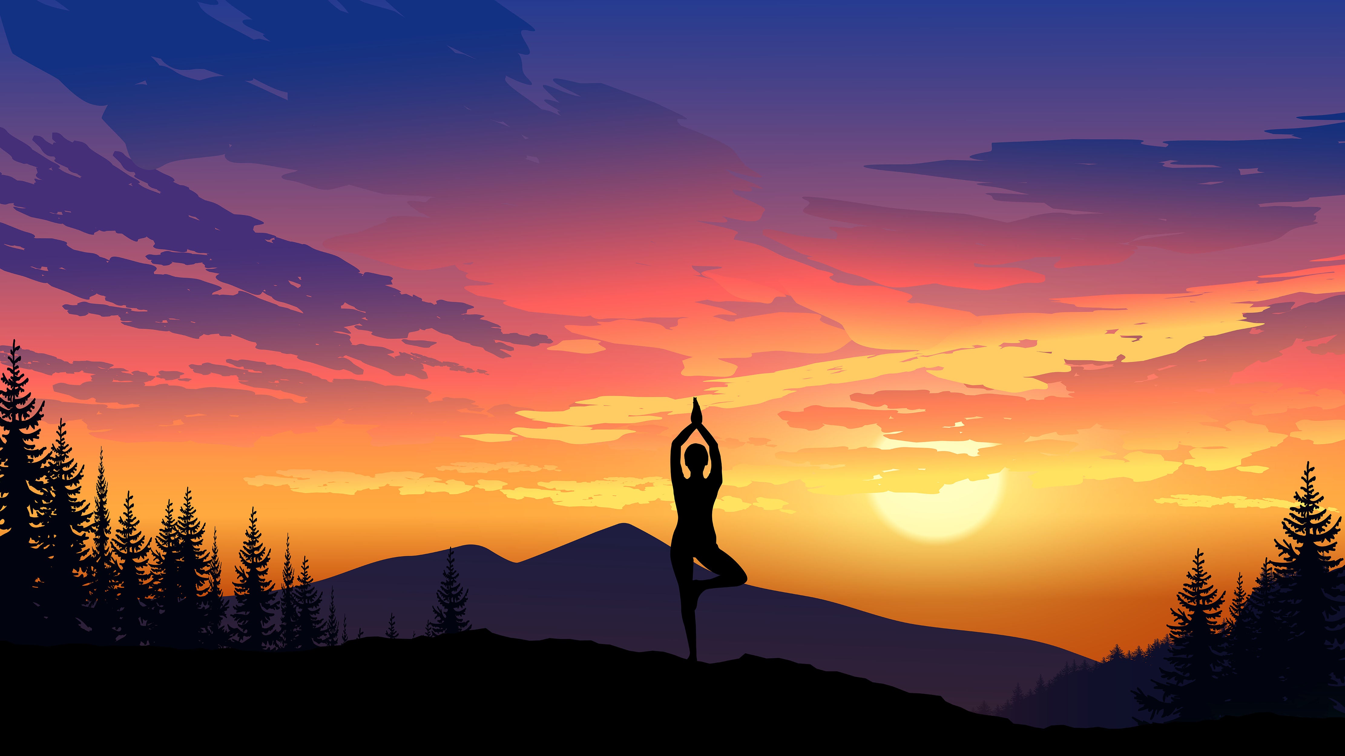 Yoga Meditating On Top of Mountain View Wall Mural. Calm Sunrise Design Peel and Stick Wallpaper. #6364