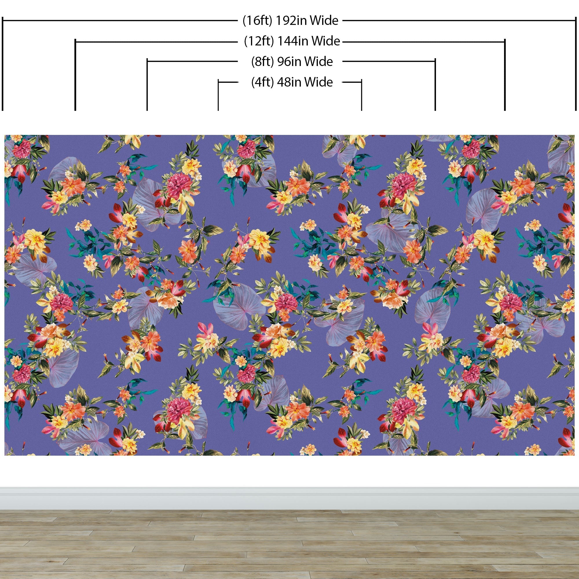Tropical Flower Wall Mural. Paradise Botanical Flowers and Leave Purple Very Peri Color Background. #6376