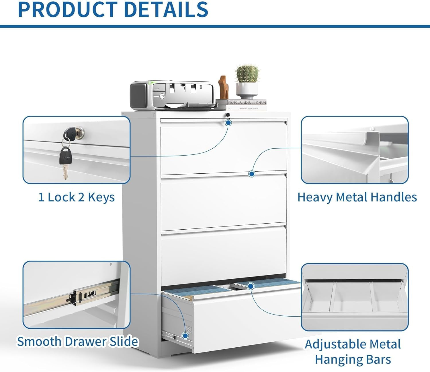 Lateral File Cabinet 4 Drawer White Metal With Locks