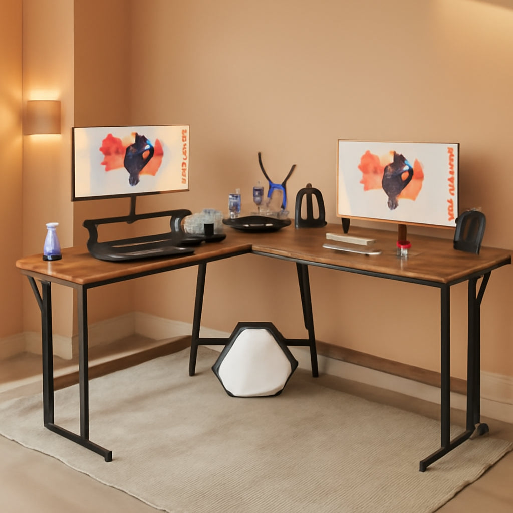 L Shaped Gaming Desk 51 Inch With Monitor Riser Brown