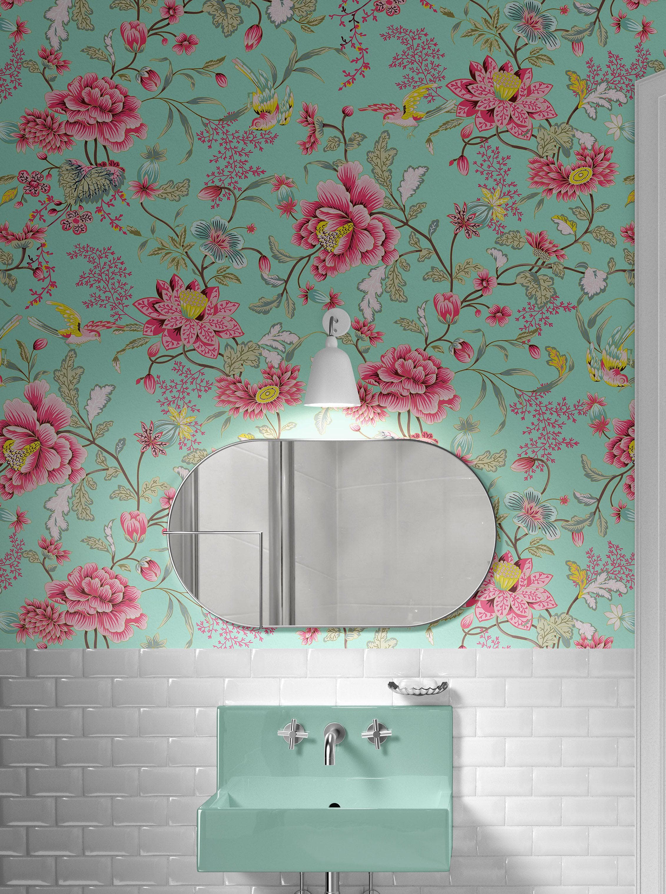 Mint Color Flower Pattern Wall Mural. Tropical Botanical Floral Peel and Stick Wallpaper. #6387