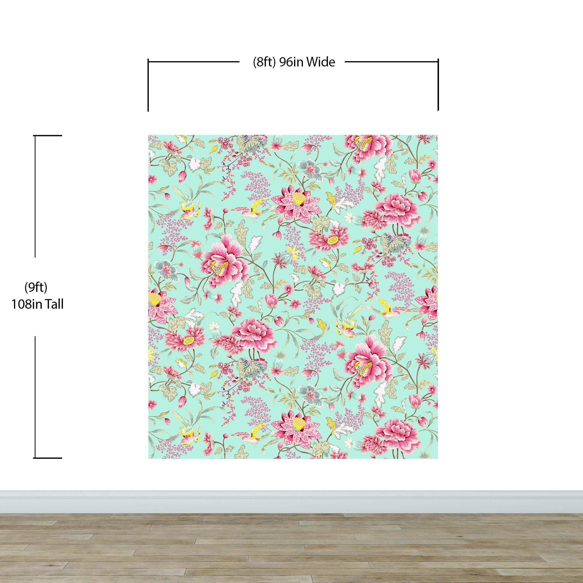 Mint Color Flower Pattern Wall Mural. Tropical Botanical Floral Peel and Stick Wallpaper. #6387