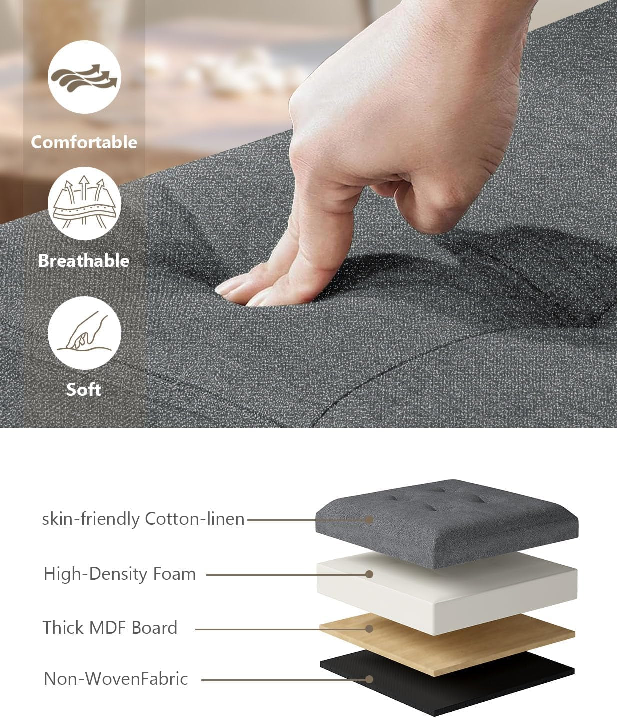 Charcoal Gray Classic Folding Storage Ottoman 43Inch