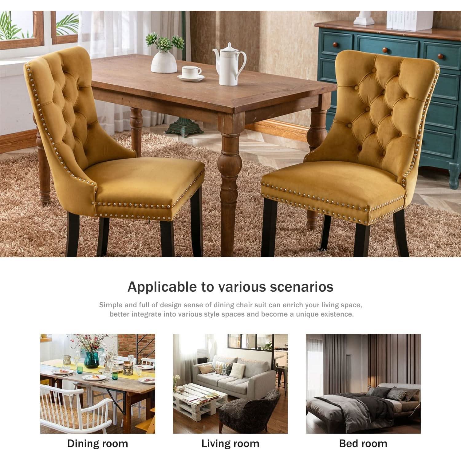 Gold Velvet Tufted Dining Chair With Ring Pull Trim