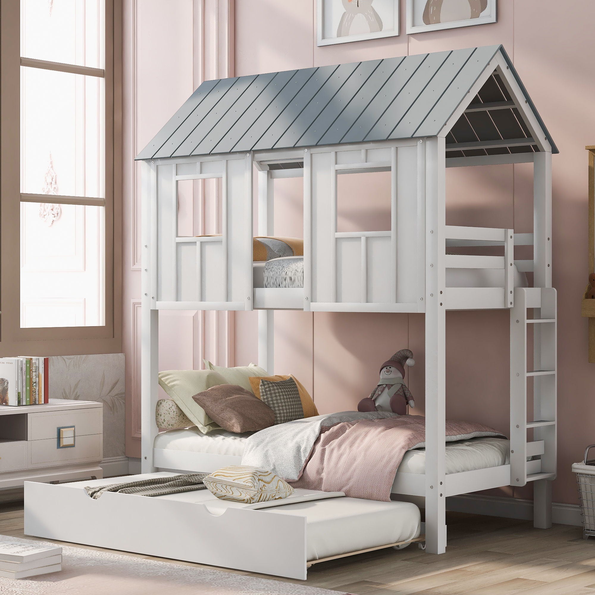Twin Size House Bunk Bed With Trundle, Roof And Windows - White / Gray