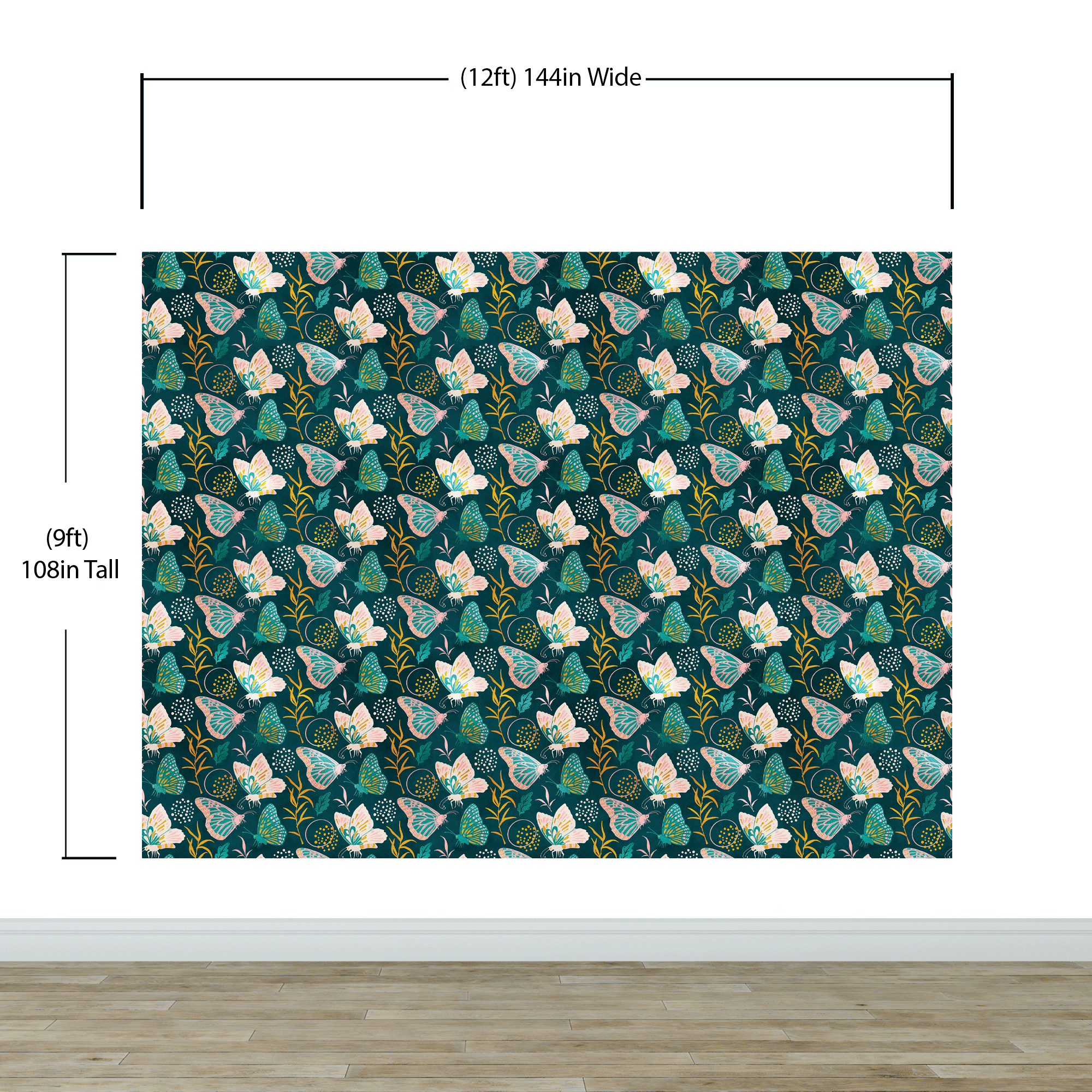 Butterfly Pattern Wall Mural. Retro Green and Gold Color Illustration Design. Bedroom, Nursery, Home Decor. #6435