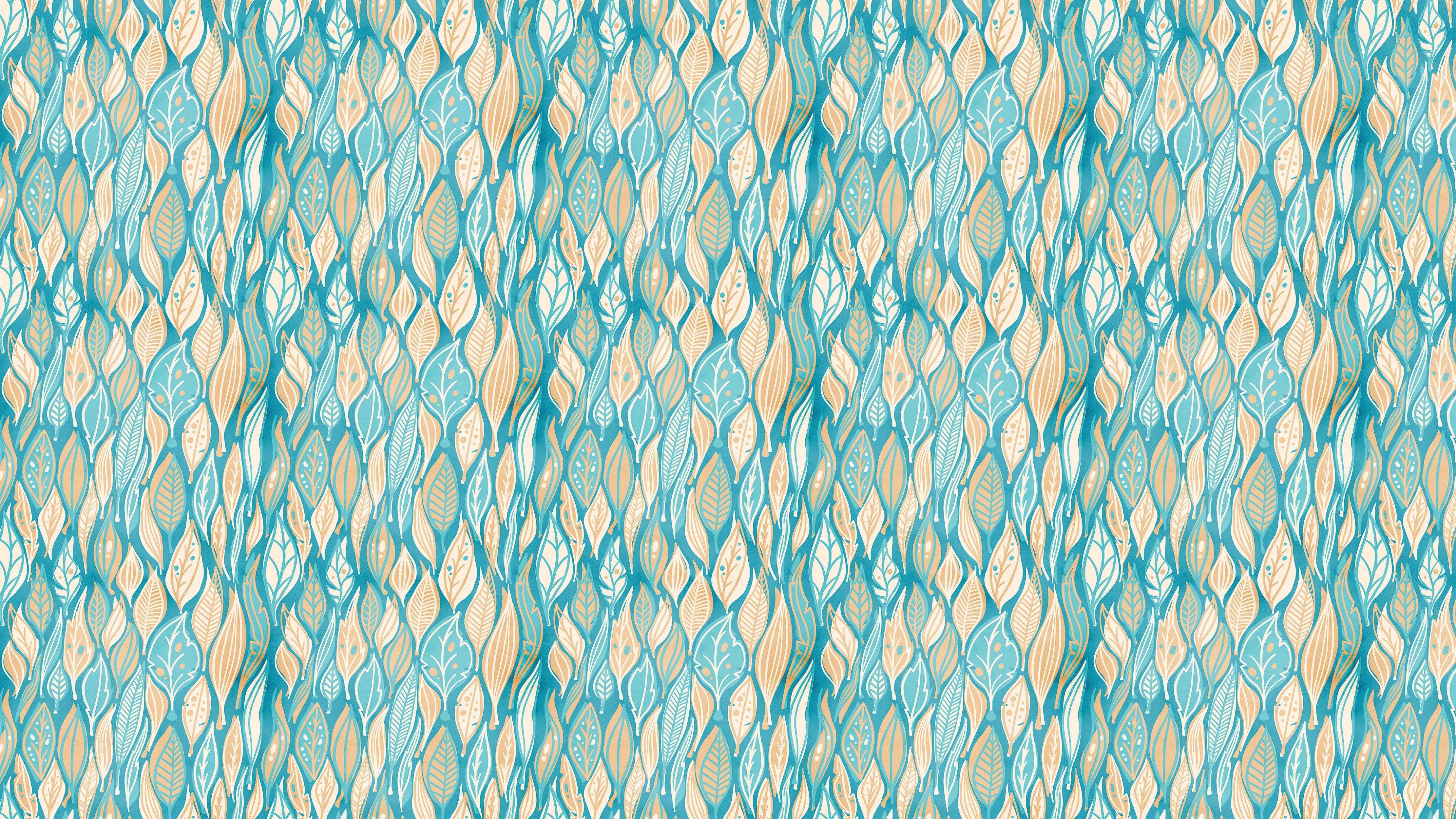 Teal Color Autumn Leaves Pattern Wall Mural. Retro Illustration Foliage Pattern. #6438