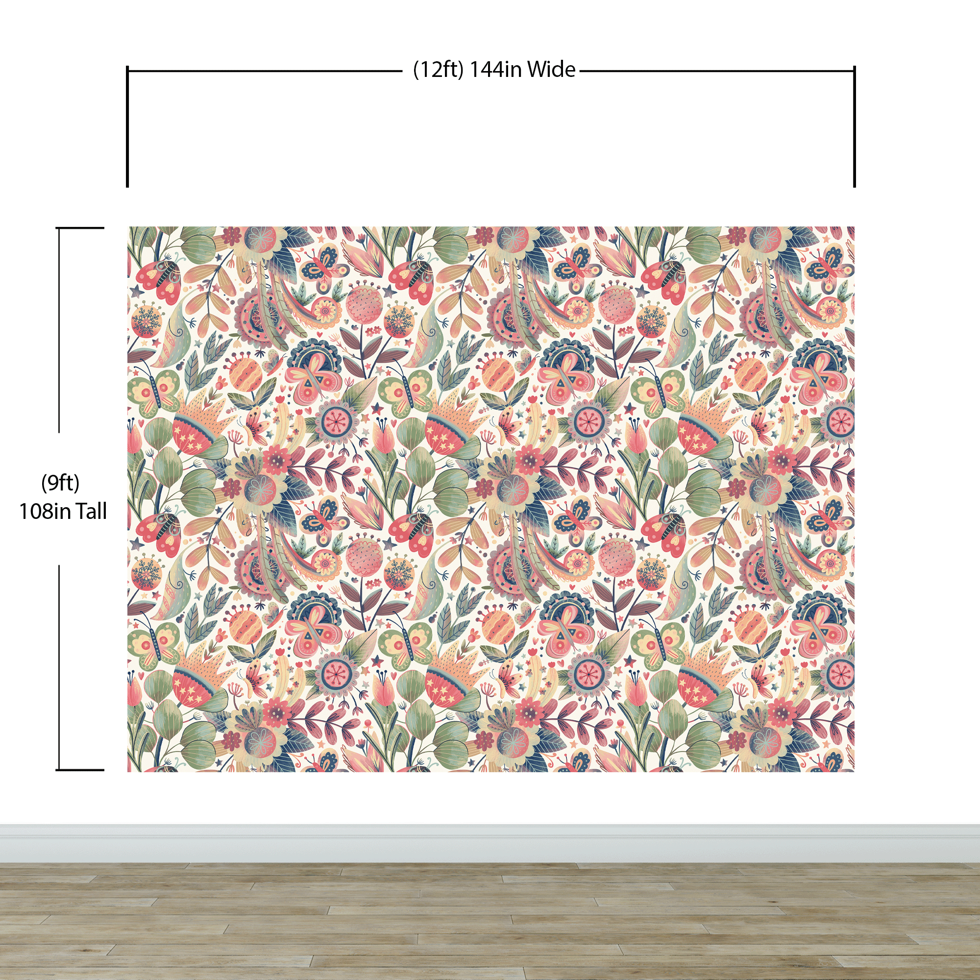 Flower Garden Illustration Wall Mural. Pastel Color Pattern Nursery, Bedroom, Kid’s Room Wall Decor. Peel and Stick Wallpaper. #6448