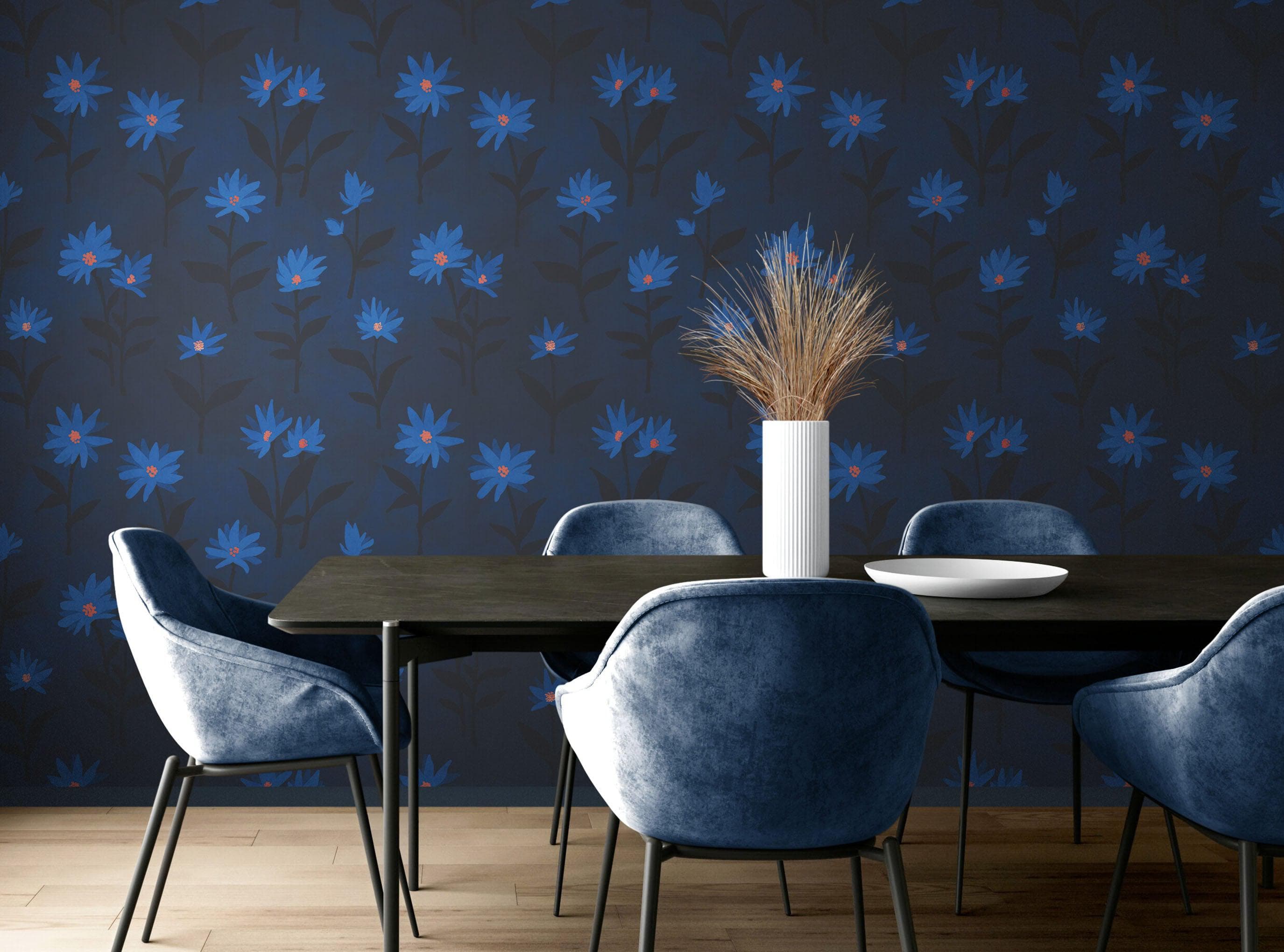 Blue Color Flower Wall Mural Pattern. Dark Navy Blue Background. #6451