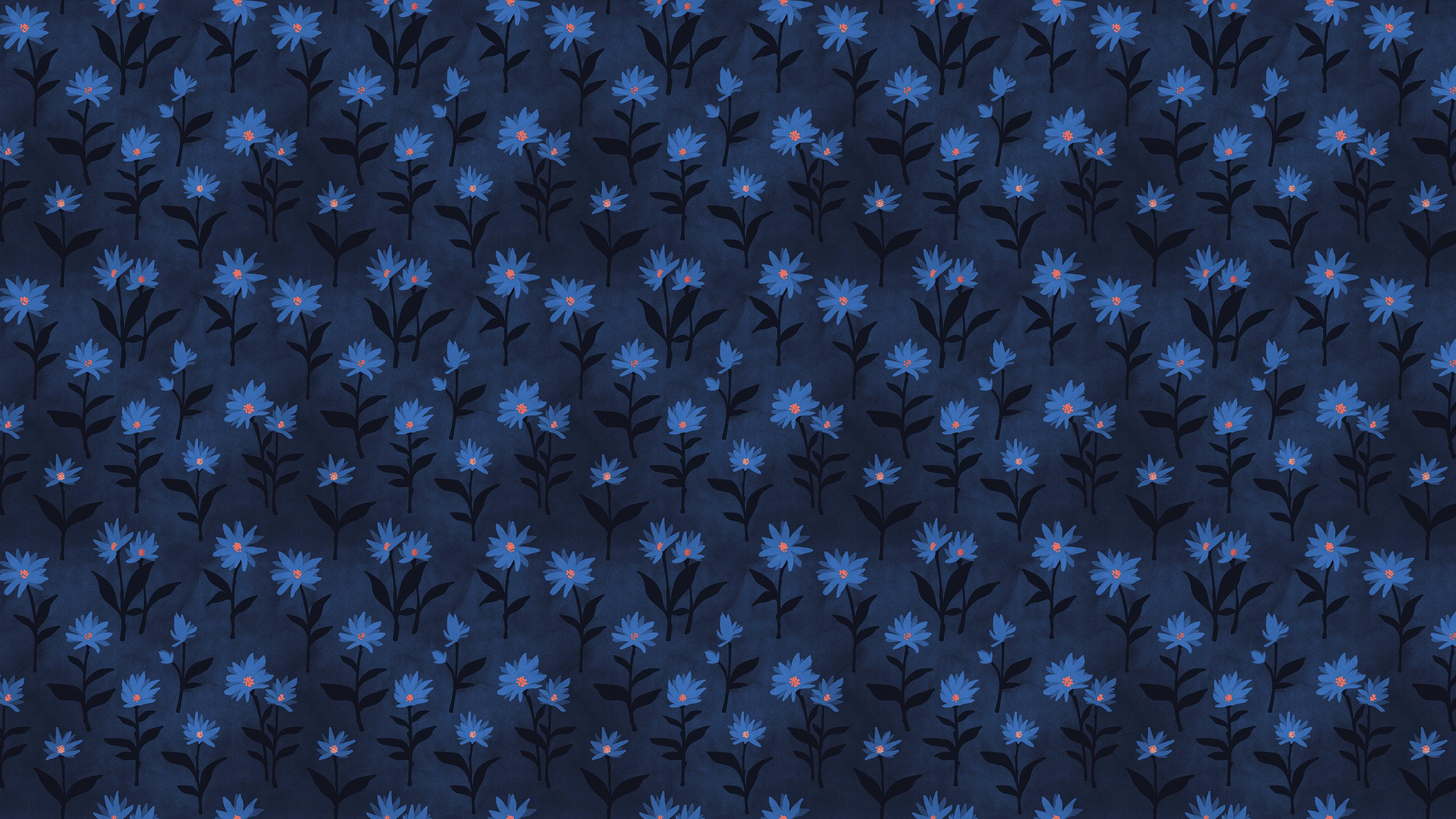 Blue Color Flower Wall Mural Pattern. Dark Navy Blue Background. #6451