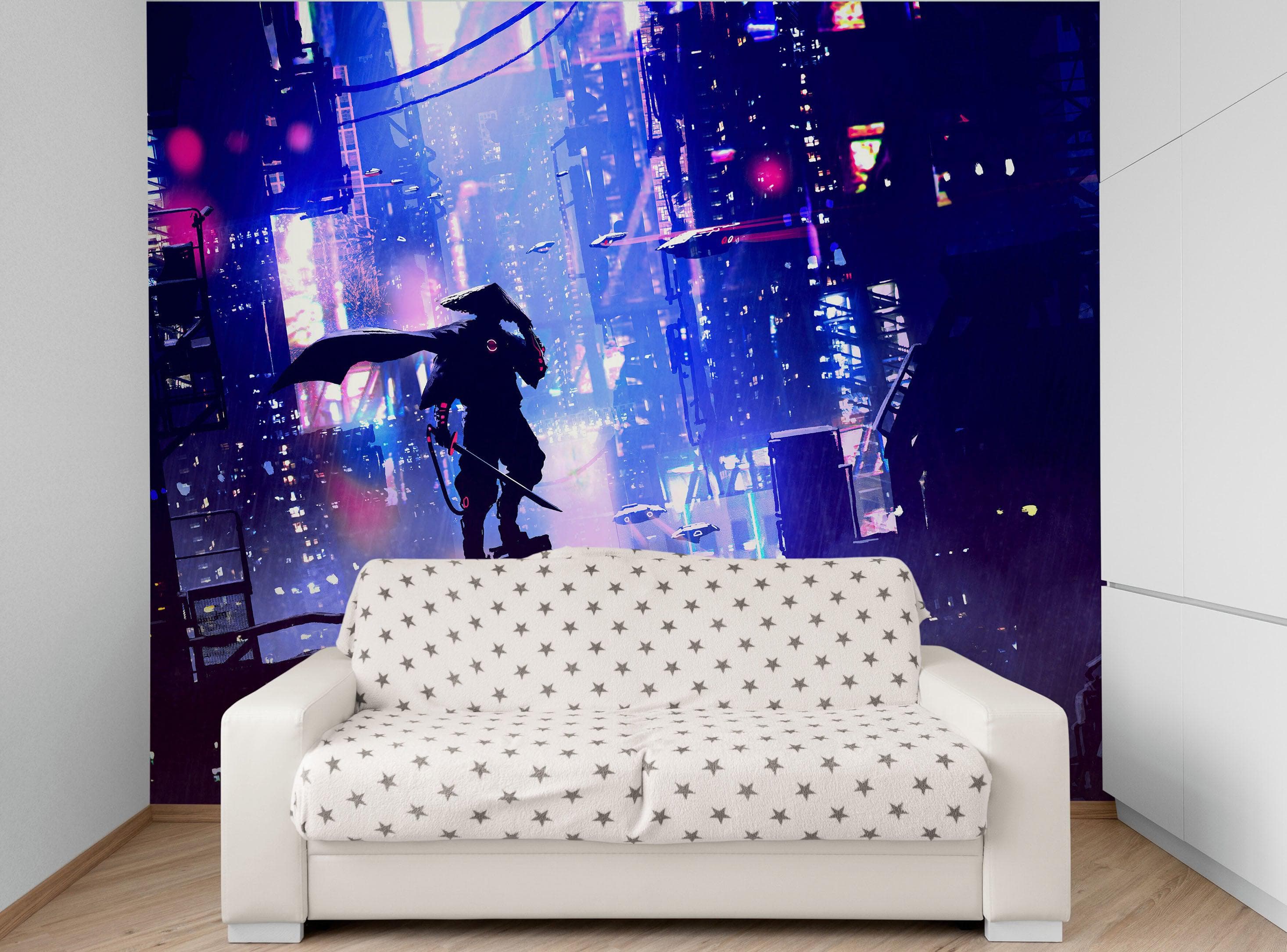 Japanese Samurai in Cyberpunk Futuristic City of Japan Wall Mural. #6452