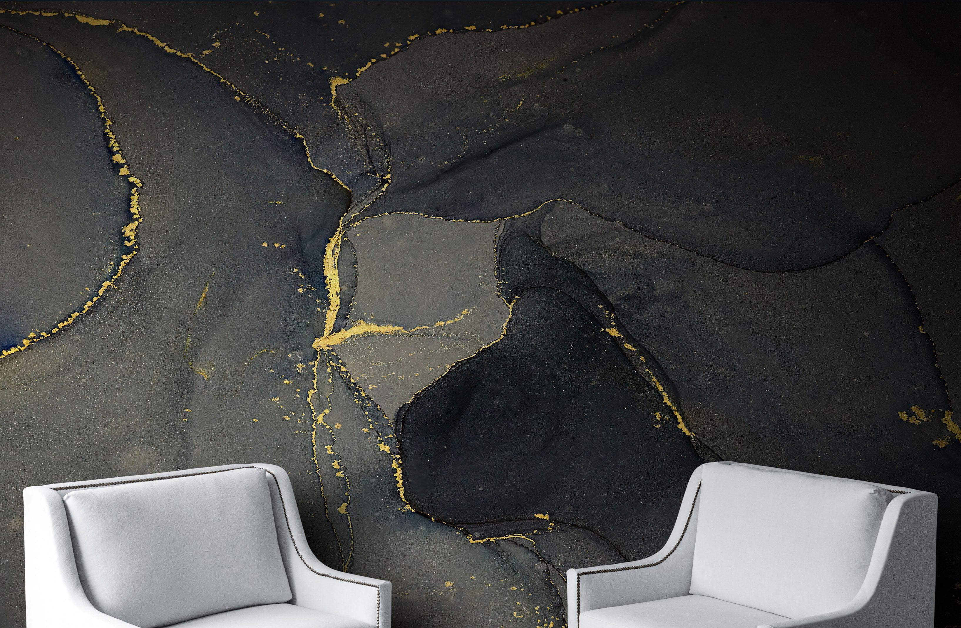Abstract Black and Gold Agate Marble Stone Pattern Wall Mural. Removable Peel and Stick Wallpaper. #6454