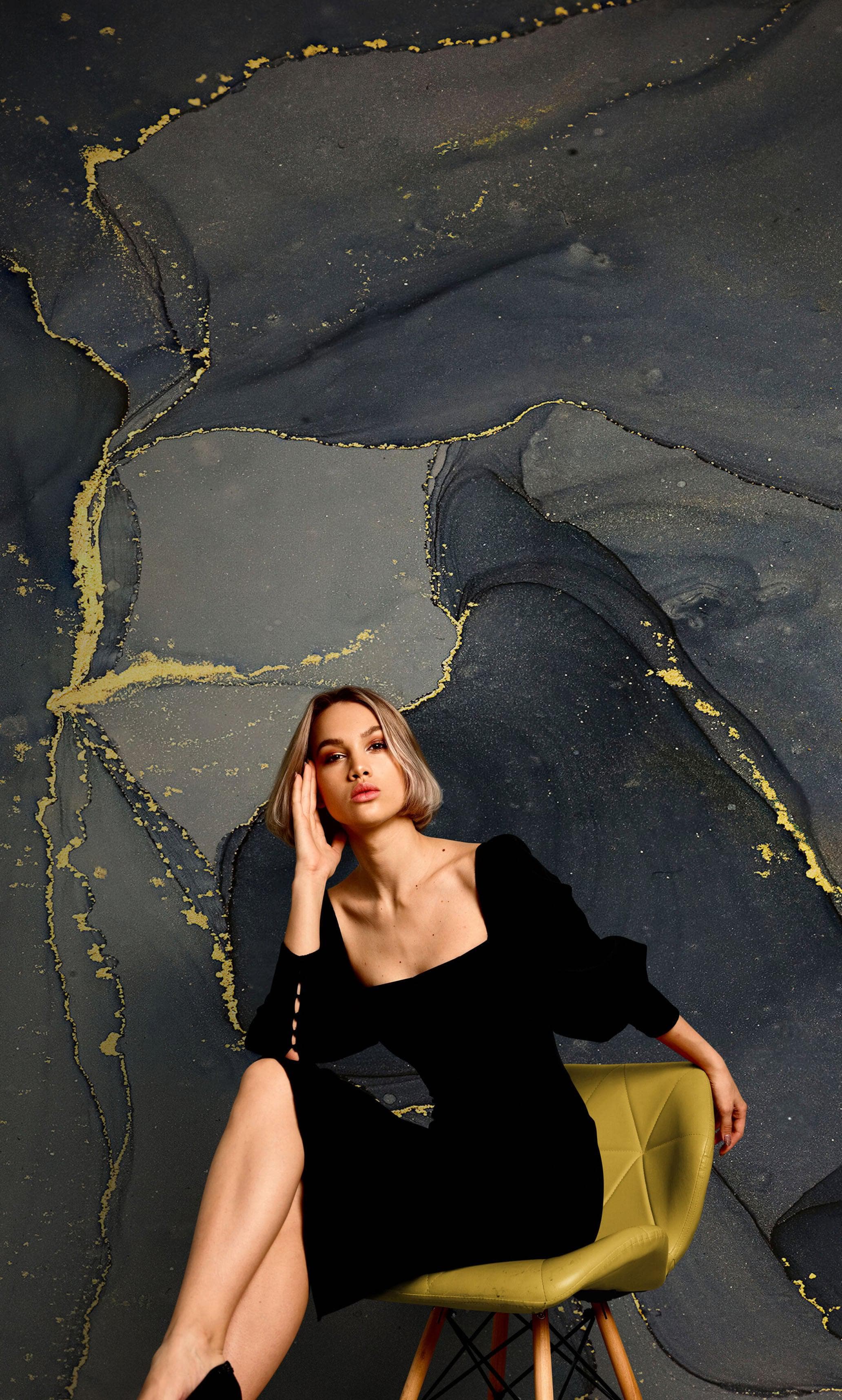 Abstract Black and Gold Agate Marble Stone Pattern Wall Mural. Removable Peel and Stick Wallpaper. #6454