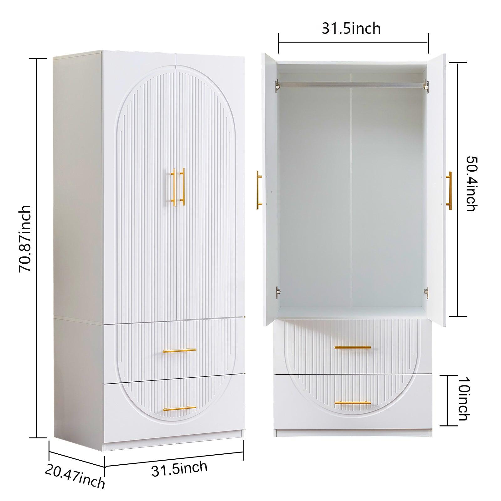 74.2" H White Modern Wooden Armoire Wardrobe – 2 Doors, 2 Drawers Freestanding Closet with Hanging Rod - PRHOMZ