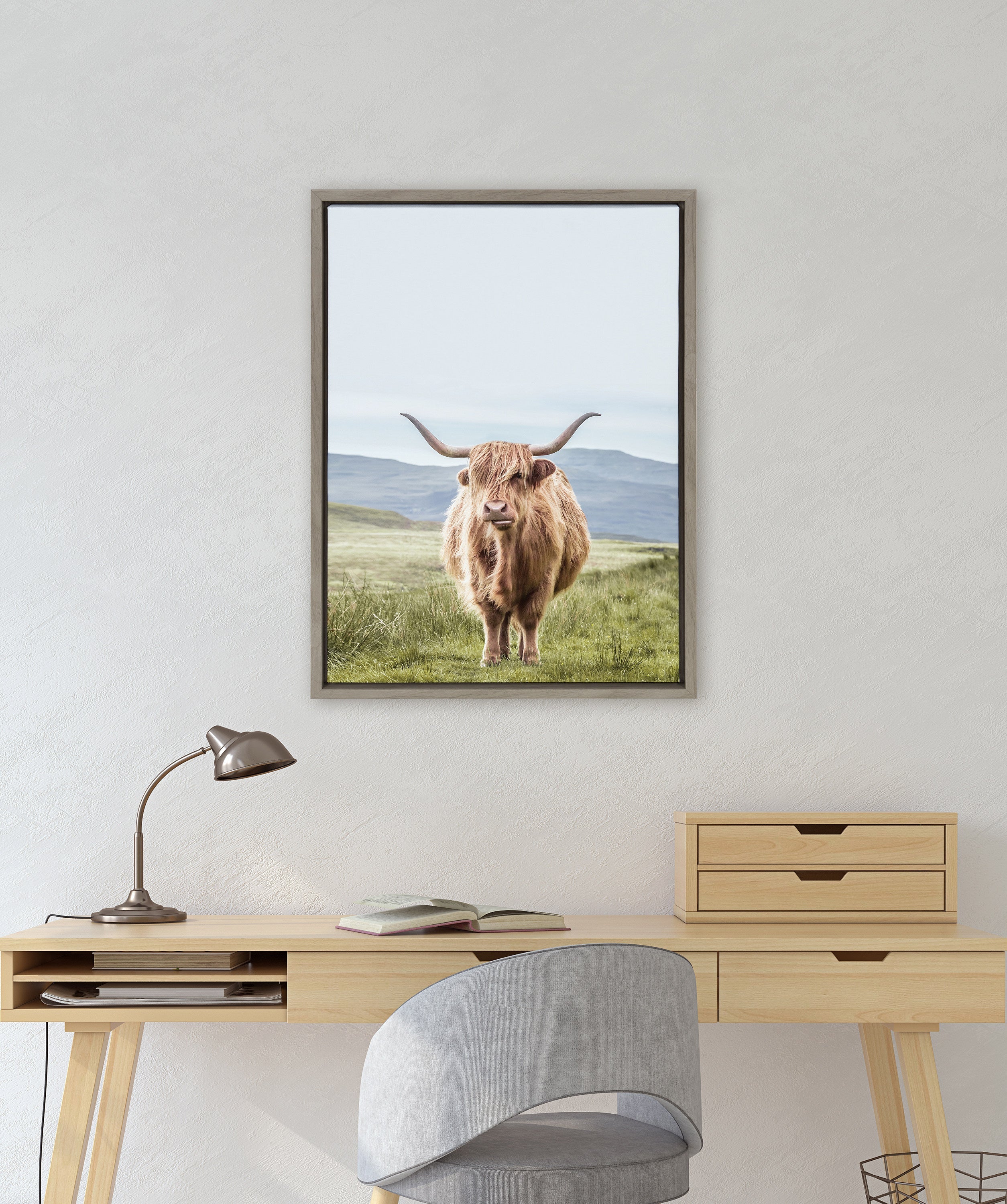 Sylvie Highland Cow Mountain Landscape Framed Canvas by The Creative Bunch Studio