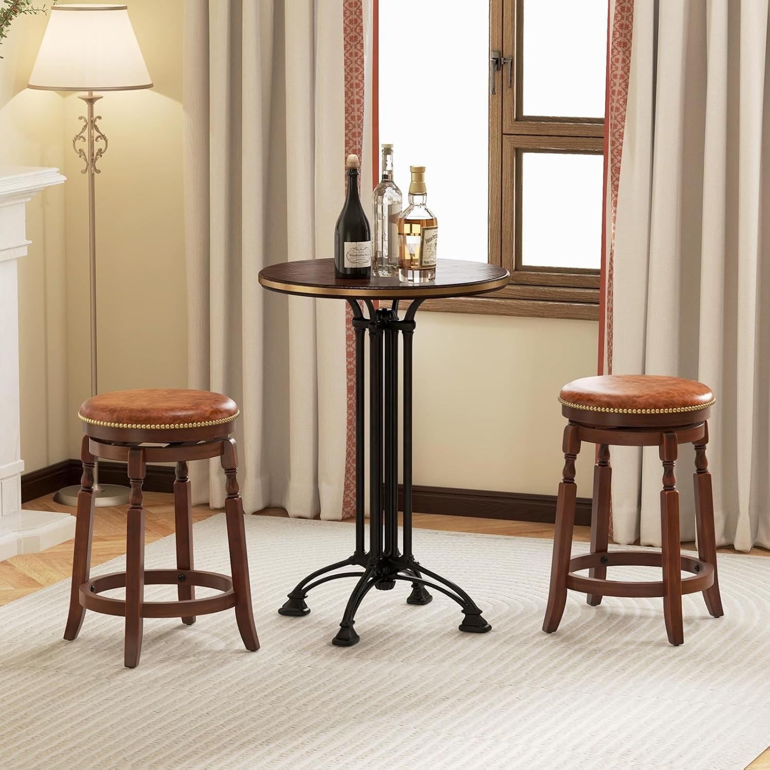 24 Inch Swivel Bar Stool Set Of 2 With Upholstered Seat And Rubber Wood Frame For Kitchen Island