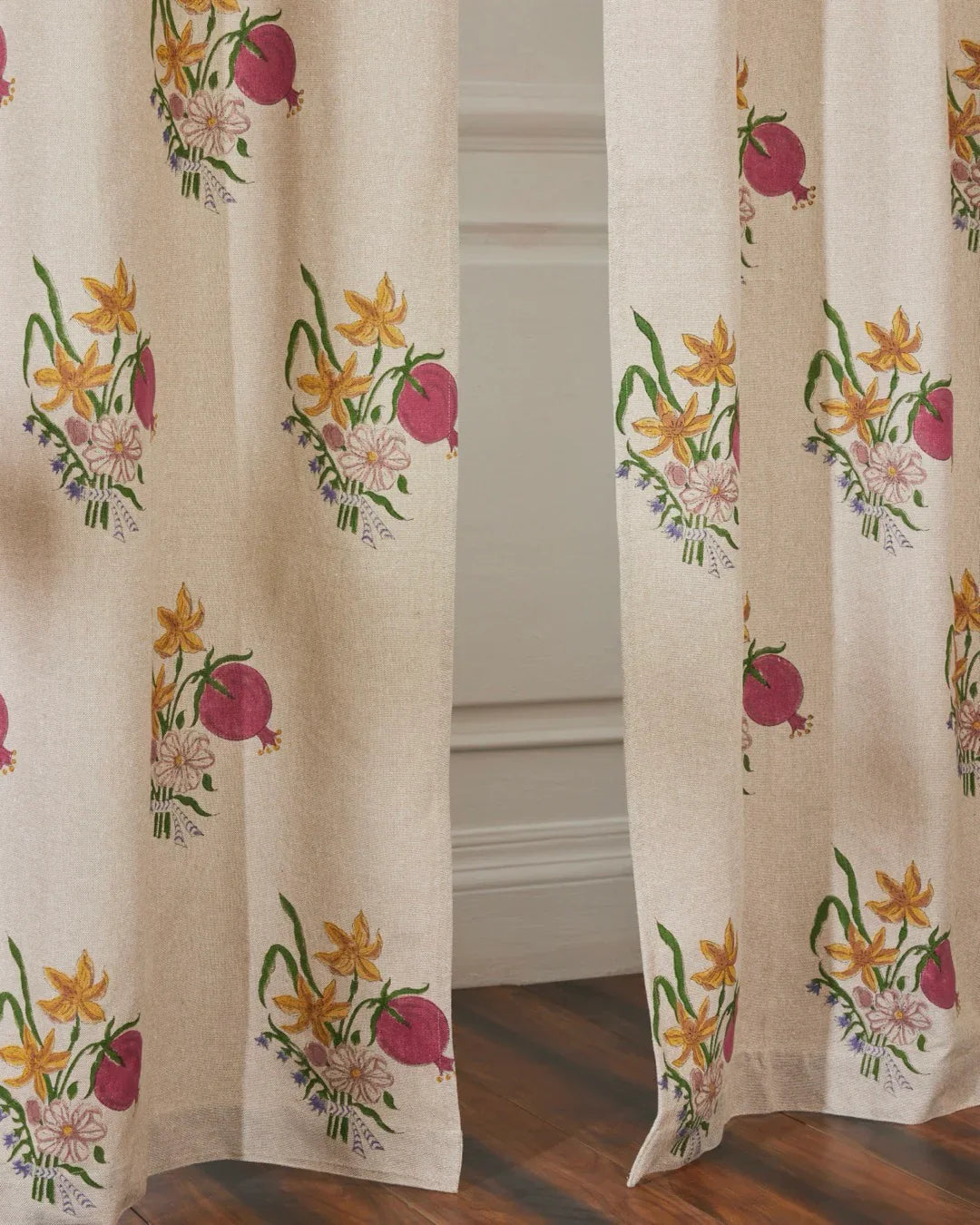 Beige Hand Block Printed Linen Curtains | Pomegranate & Floral Design-1