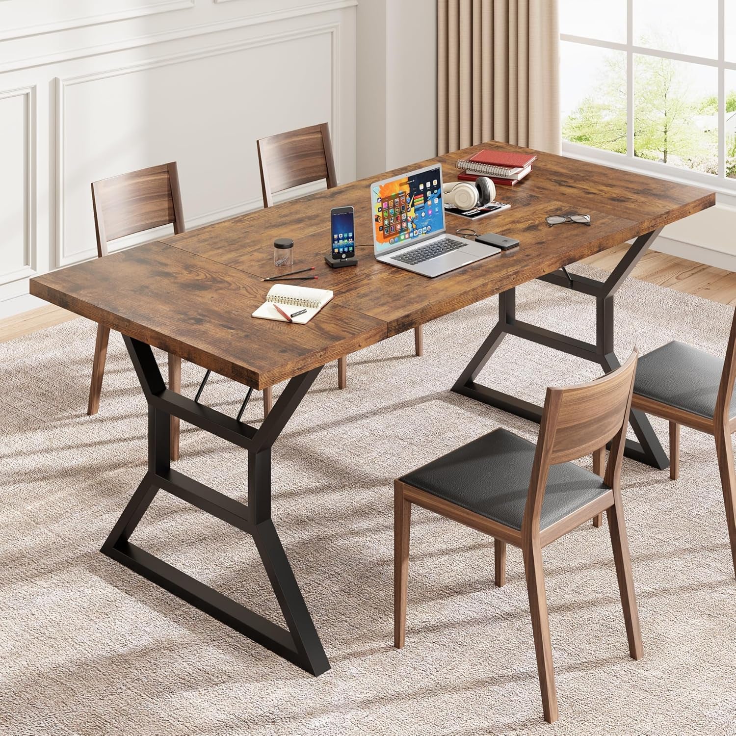 70.9 Inch Farmhouse Dining Table With X Shaped Metal Legs