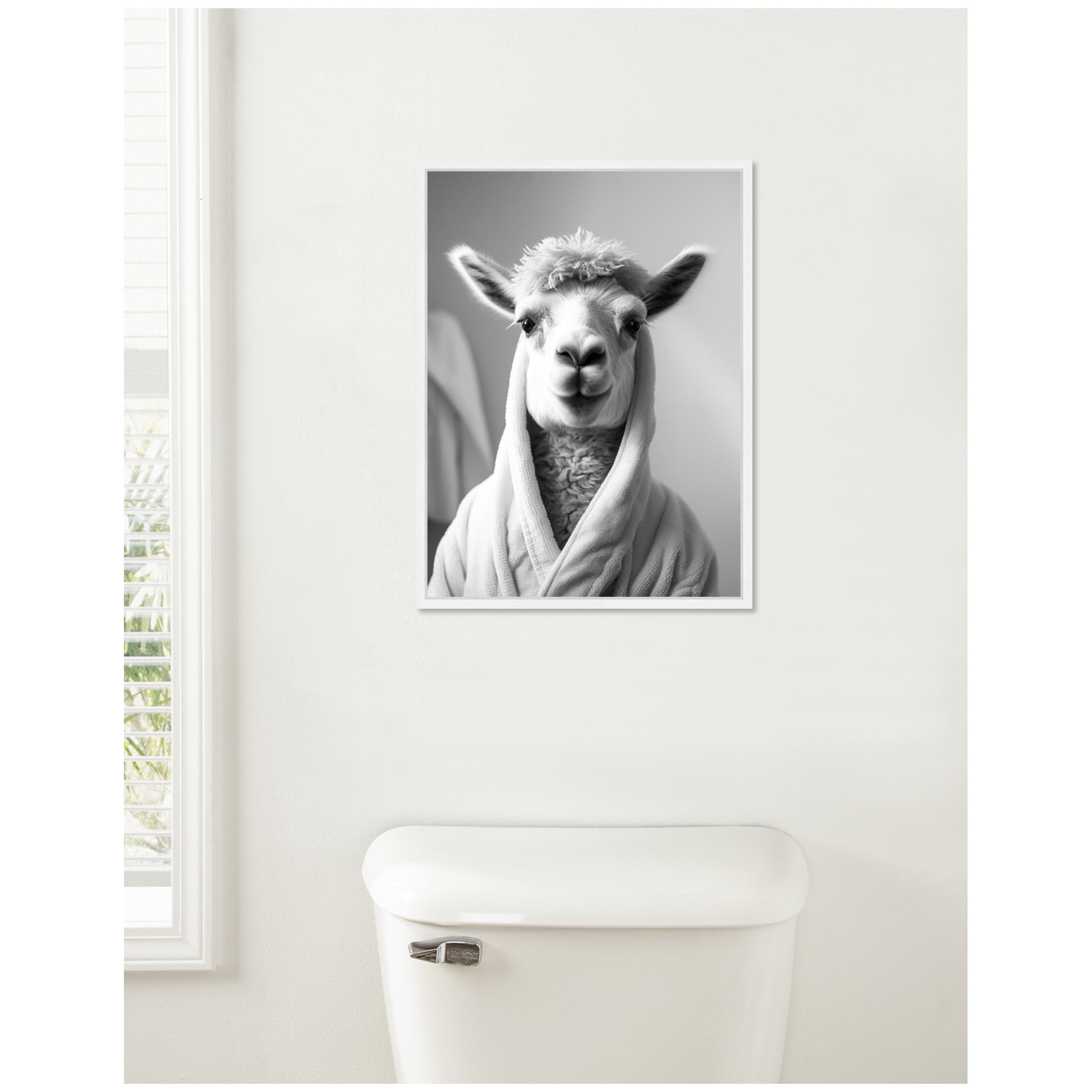 Sylvie Llama Bathroom Art Towel Robe Black and White Framed Canvas by The Creative Bunch Studio