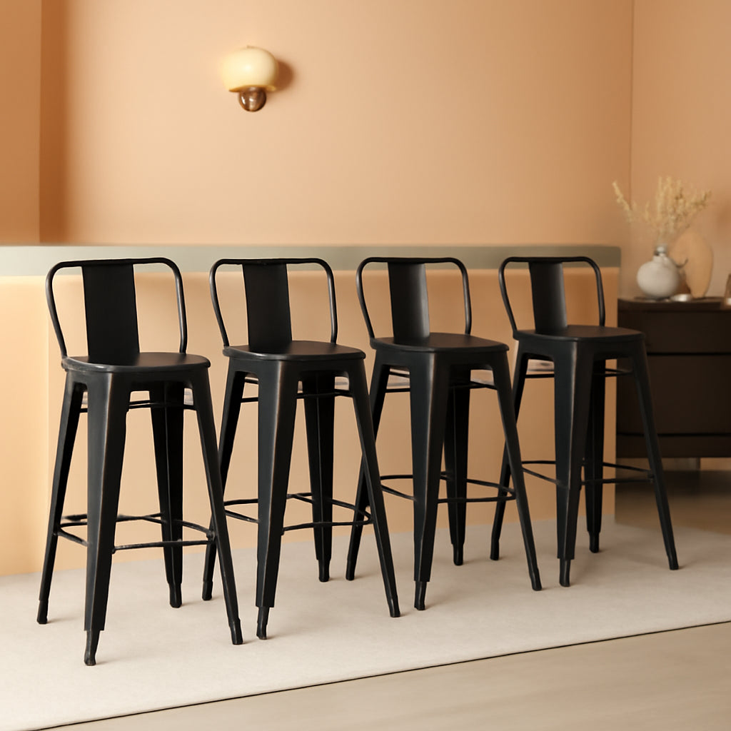 26 Inch Black Industrial Metal Bar Stools Set Of 4 For Indoor Outdoor Weather Resistant Ergonomic Comfort