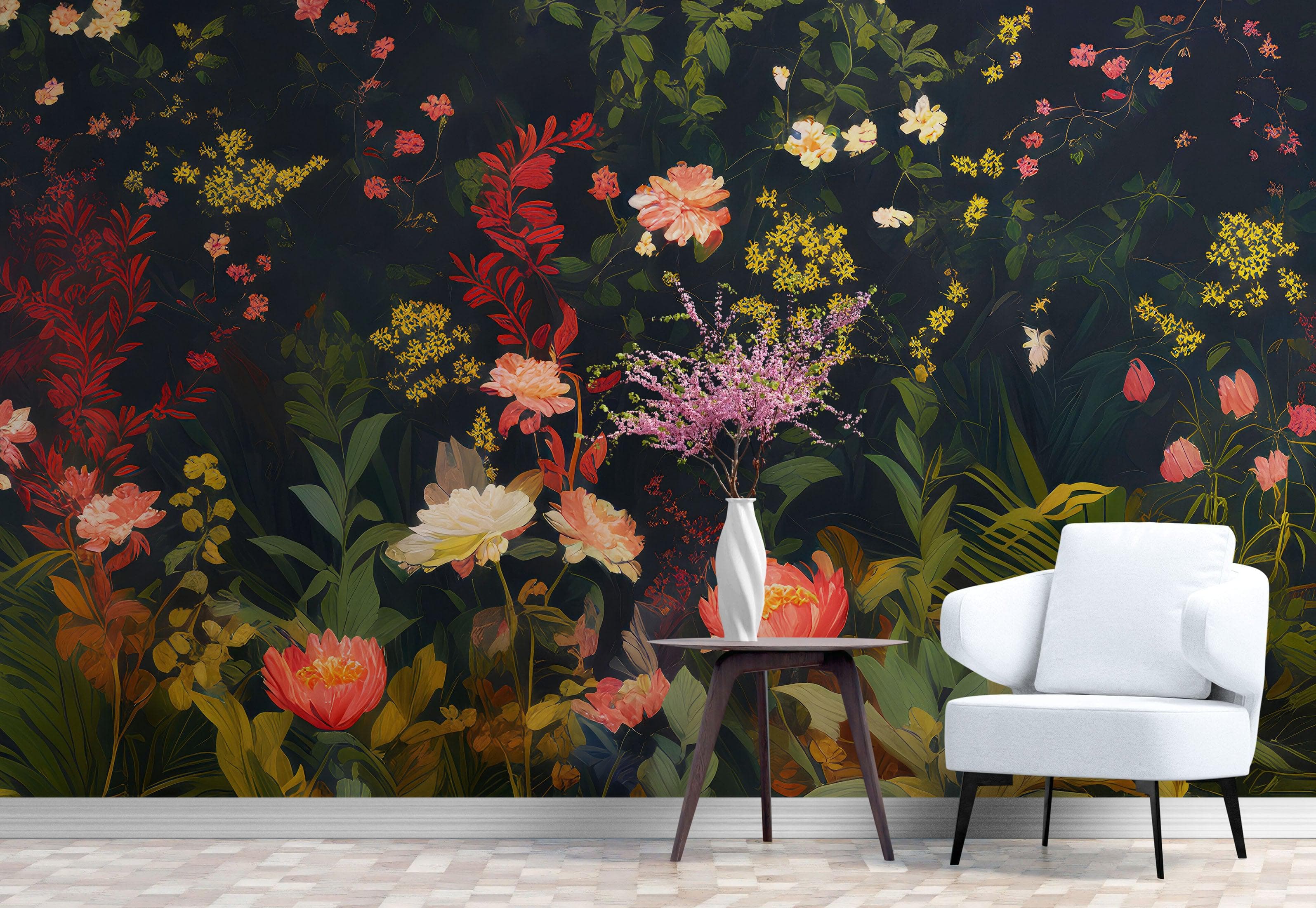 Chinoiserie Flowers Wallpaper. Asian Wall Art Mural #6517
