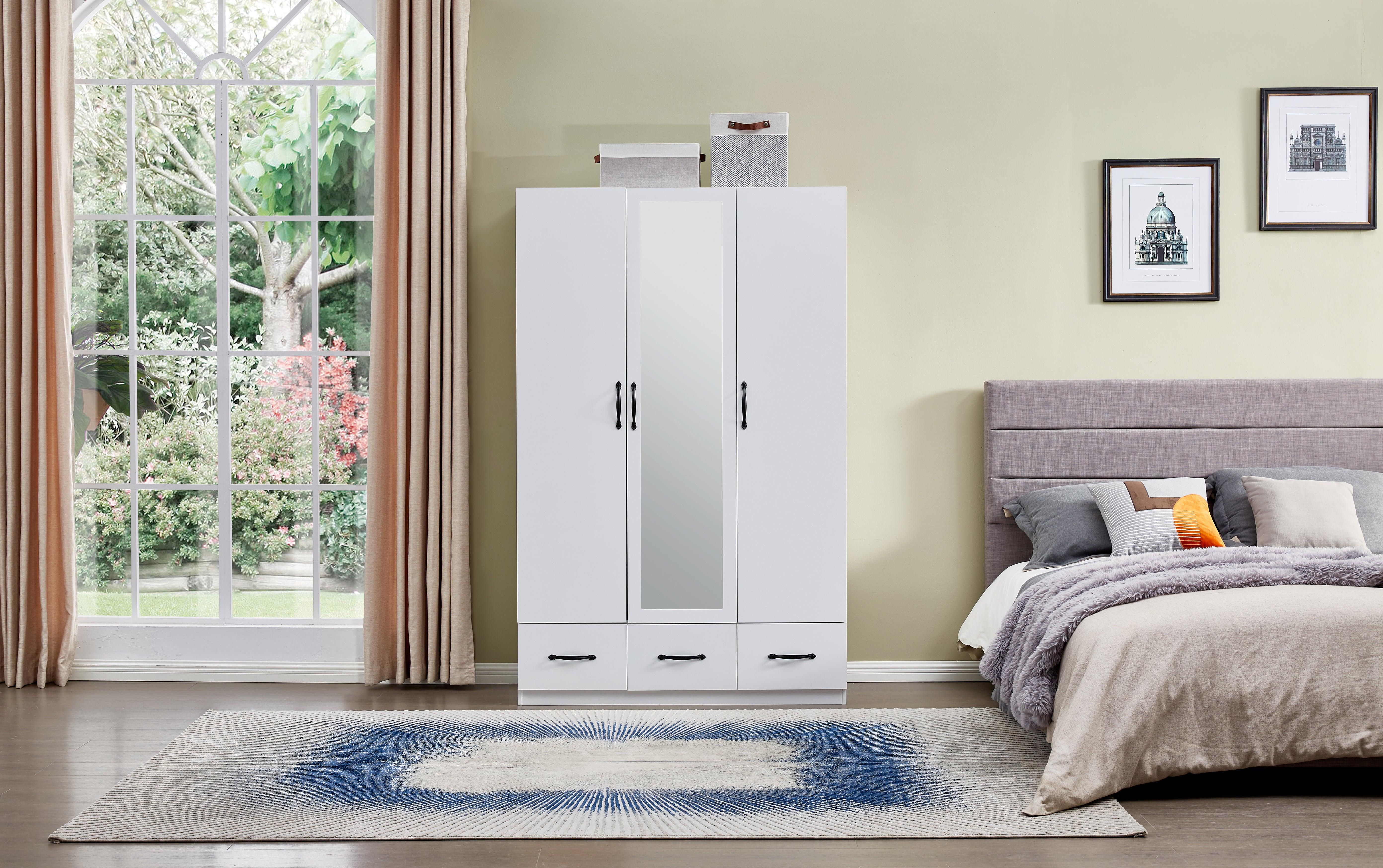 74.2” Tall Mirror Wardrobe Closet by LivelyLodge | 3-Door Freestanding White Wooden Armoire with Hanging Rod & Shelves for Bedroom & Bathroom Storage - PRHOMZ