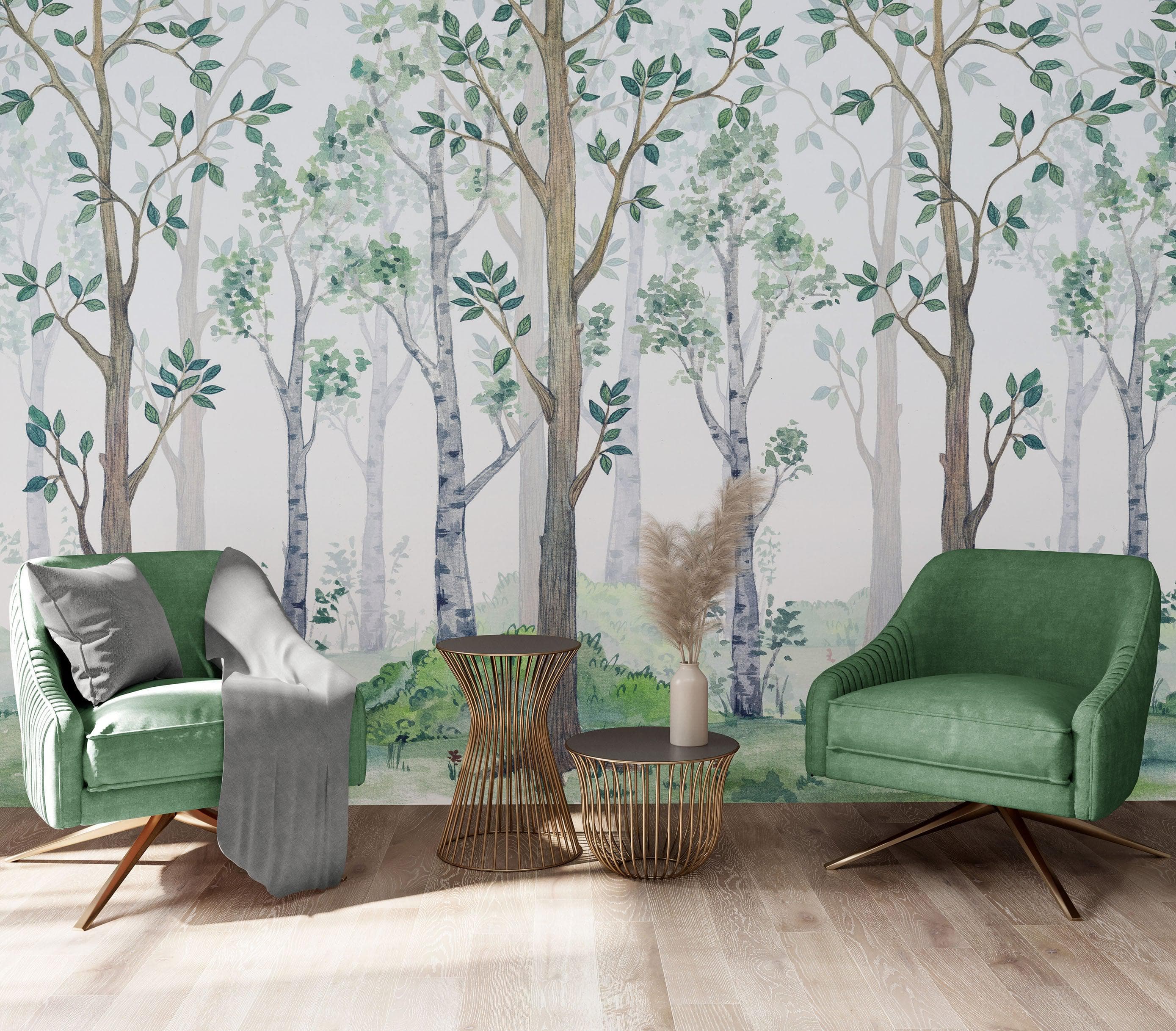 Nursery Woodland Forest Wallpaper. Watercolor Birch Tree Forest Wall Mural. #6525