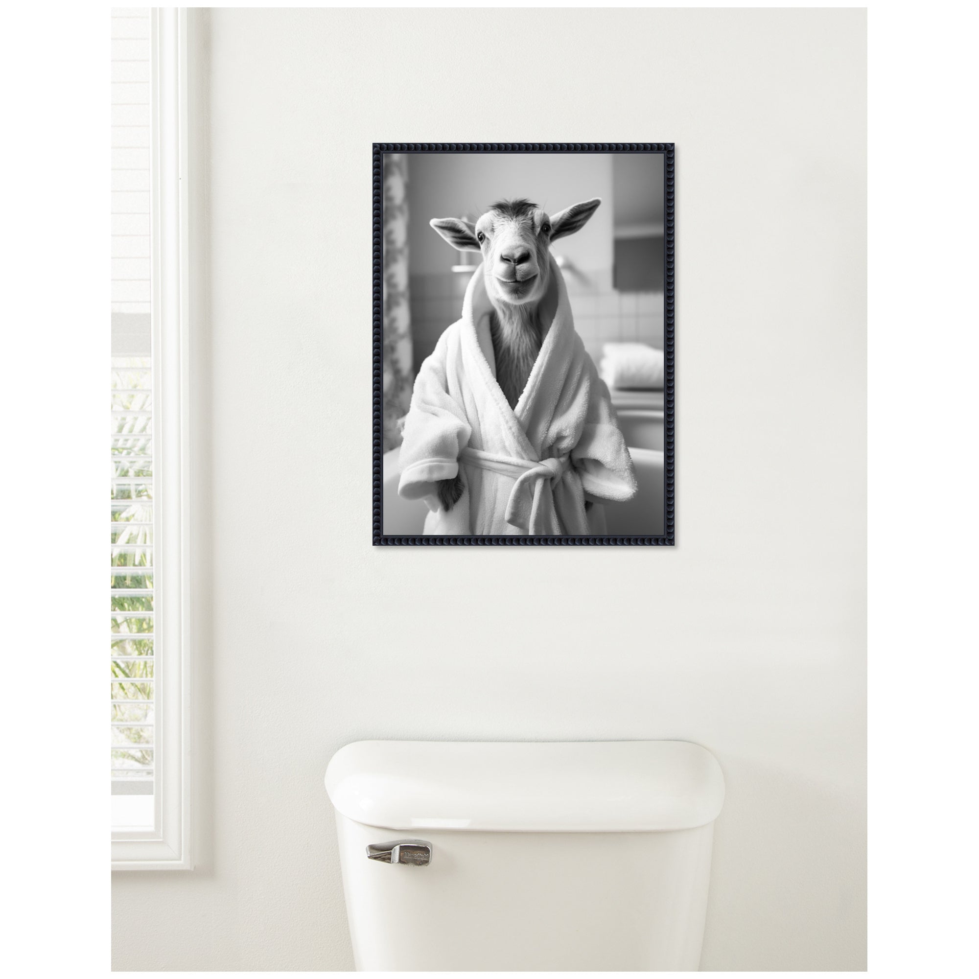 Sylvie Goat Bathroom Art Towel Robe Black and White Framed Canvas by The Creative Bunch Studio