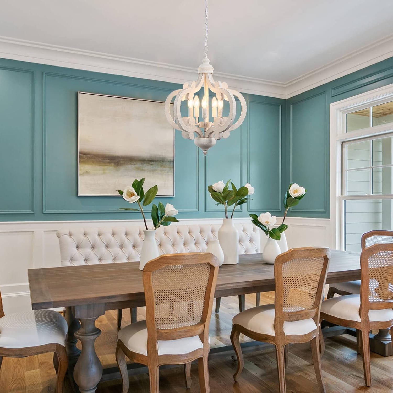 Wooden Farmhouse Chandelier 5 Lights Distressed White-1