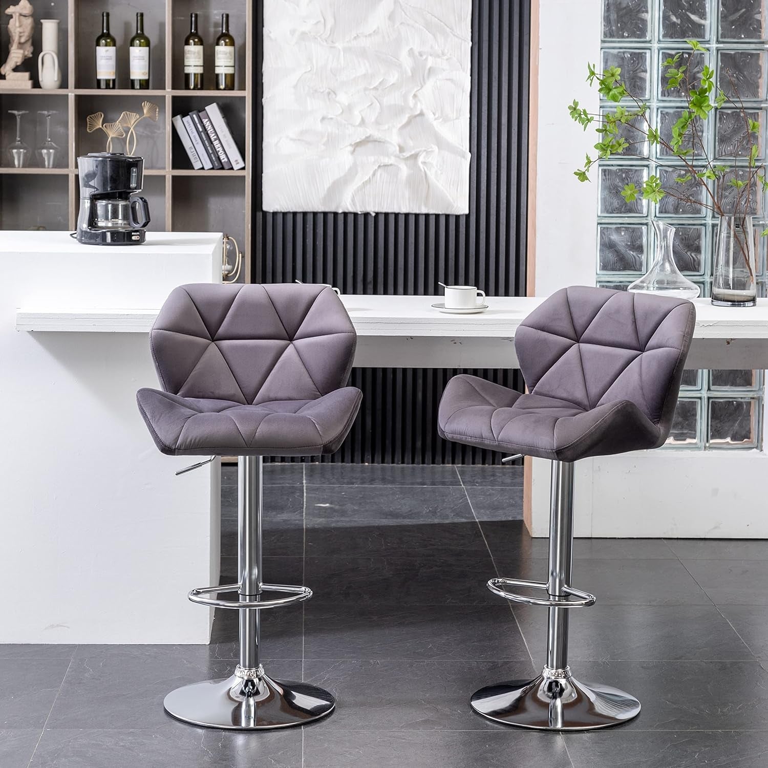 Breni Velvet Diamond Tufted Swivel Adjustable Height Bar Stool Set Of 2 Gray
