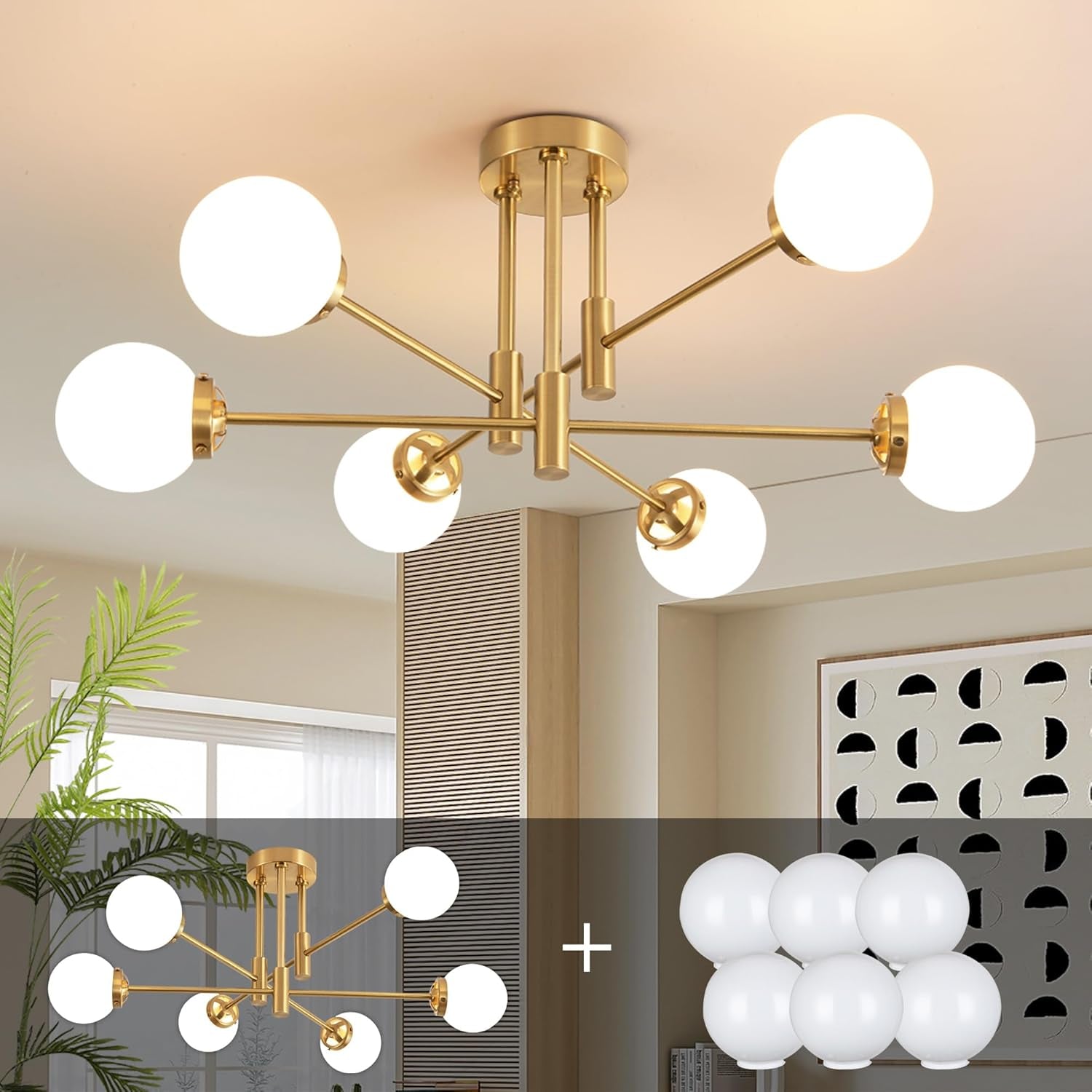 Gold Sputnik Chandelier Glass Globe Shade Modern Light