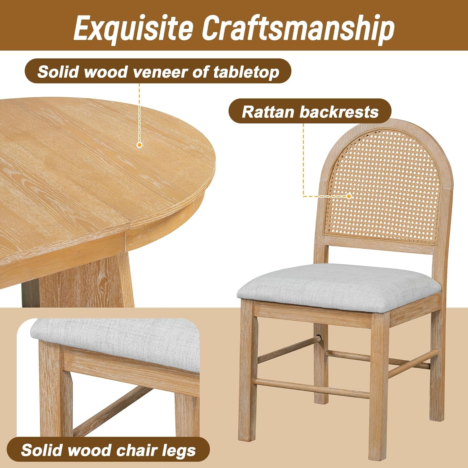 Retro Solid Wood Dining Set Natural Finish Extendable