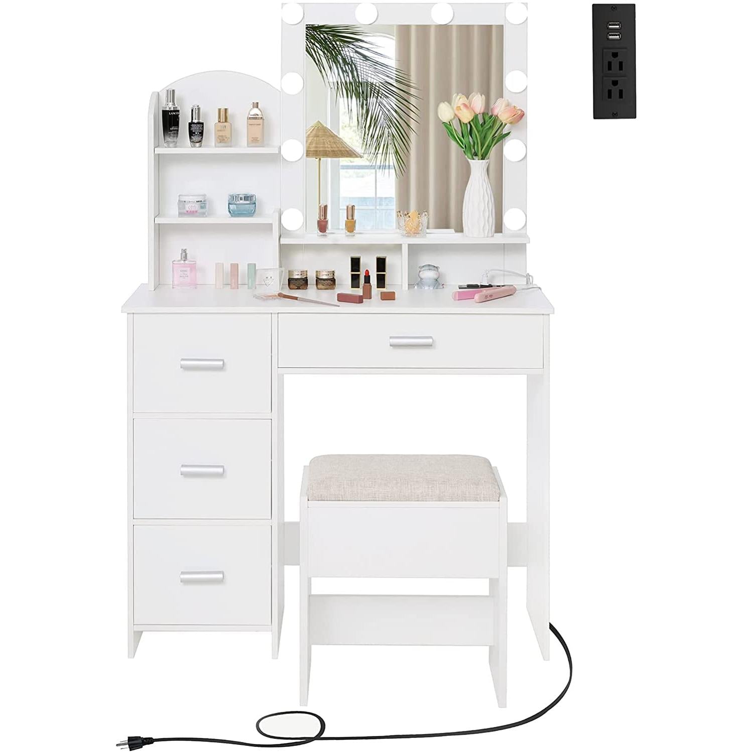 White Vanity Desk With Lighted Mirror And Charging Station