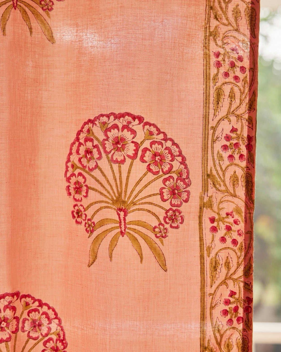 Pink & Green Hand Block Printed Linen Curtains | Floral Pattern | Privacy Opaque Light Filtering-2