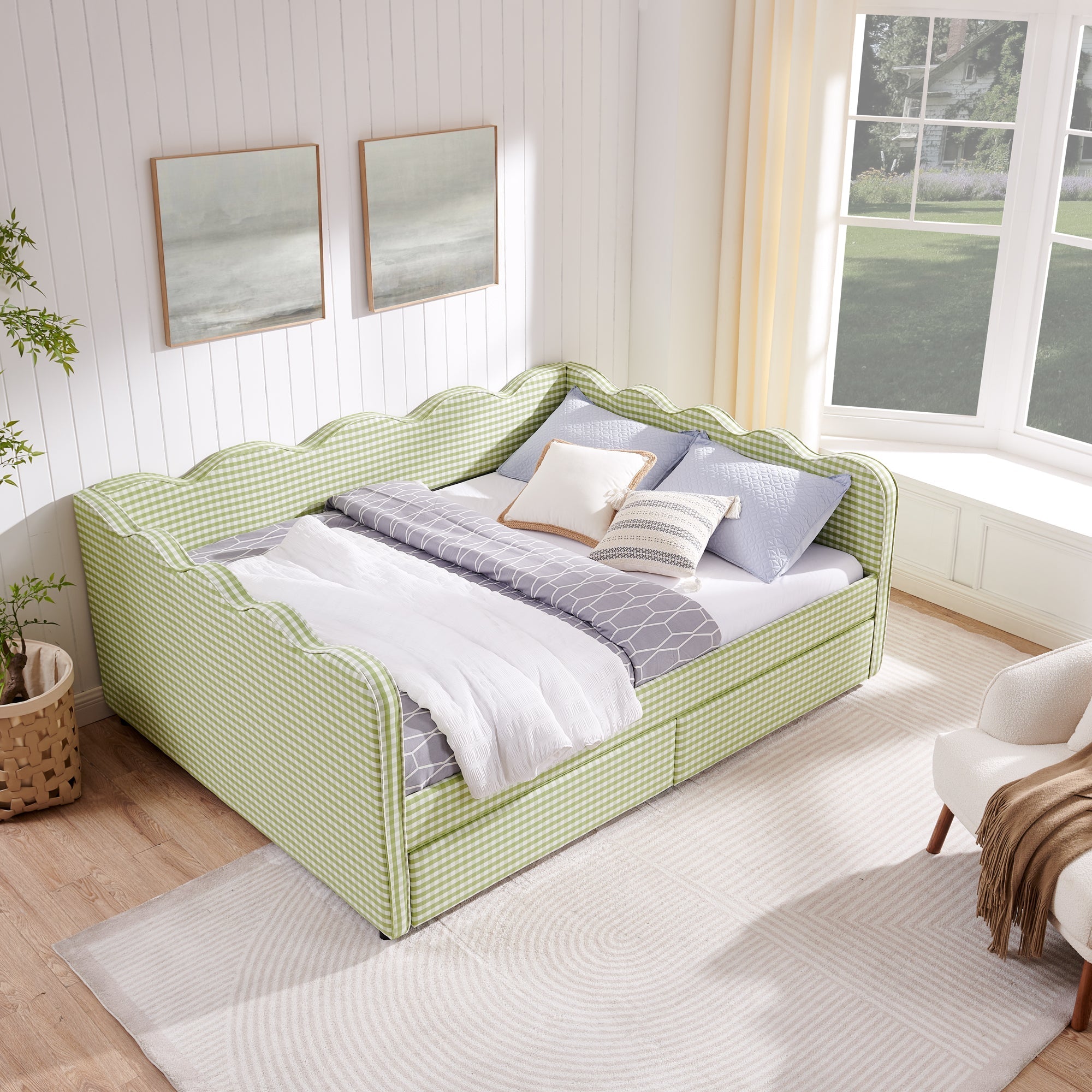 Queen Size Cozy Gingham Daybed with Two Storage Drawers and USB Port