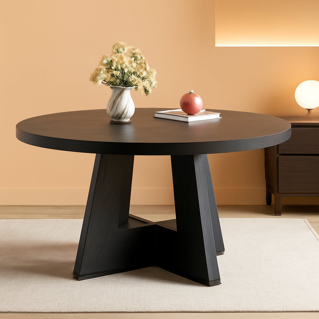 47 Inch Round Dining Table Black With Wooden Pedestal Base