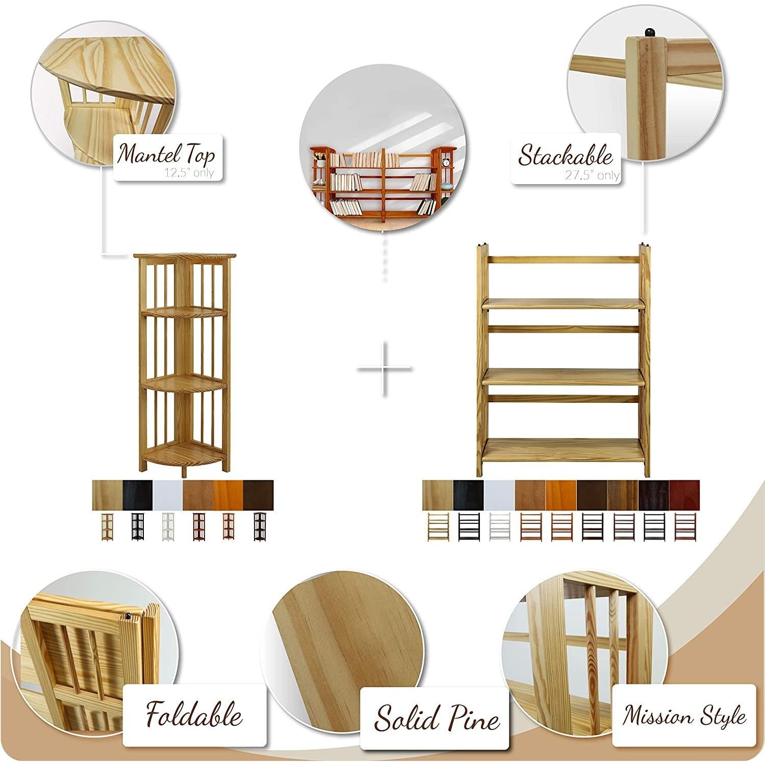 Chestnut Three Shelf Stackable Bookcase Solid Wood