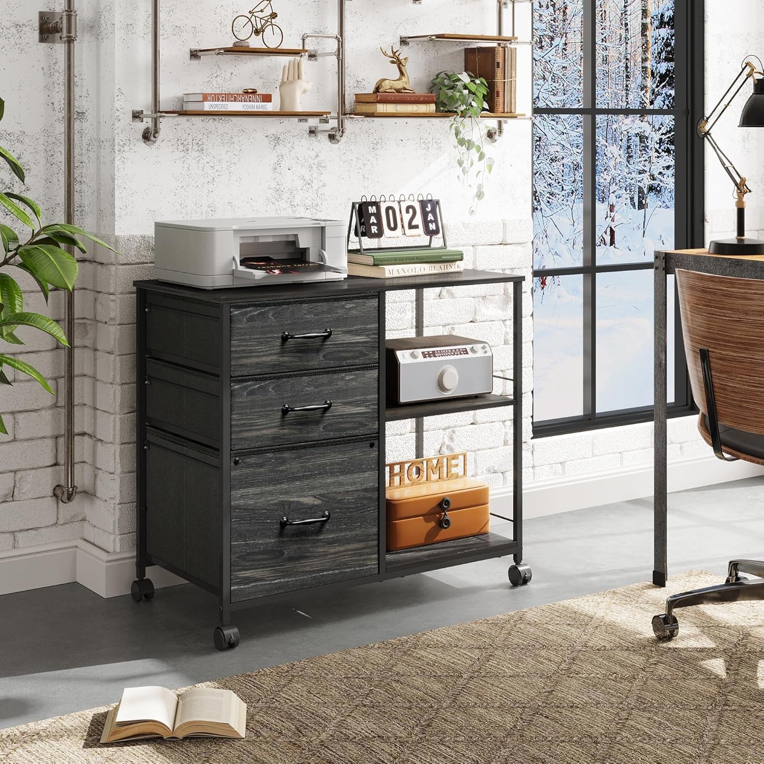 Three Drawer Mobile File Cabinet With Open Storage Shelf Charcoal Black Wood Grain