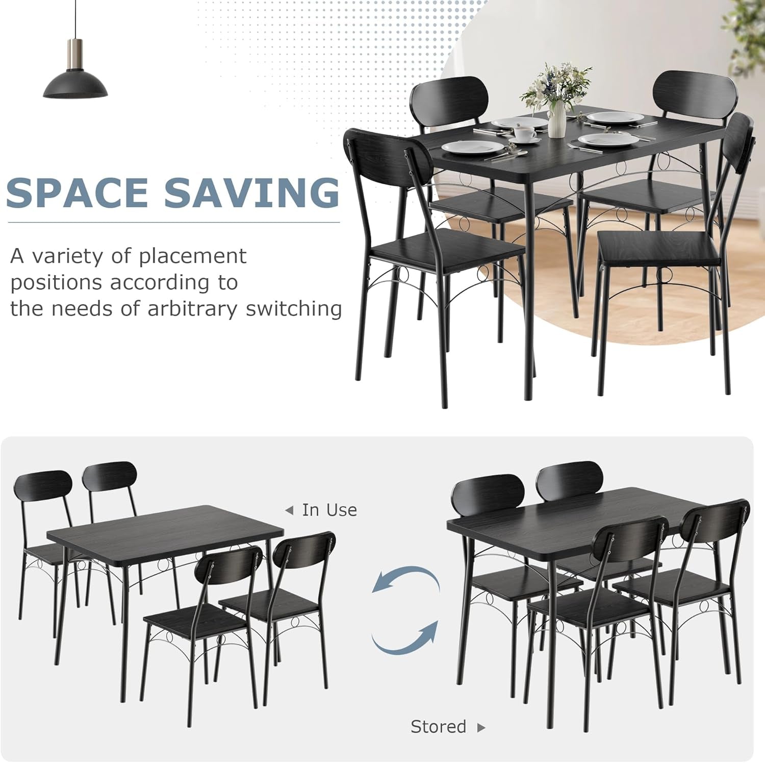 Black MDF Space Saving Dining Room Table Set With Chairs For Four