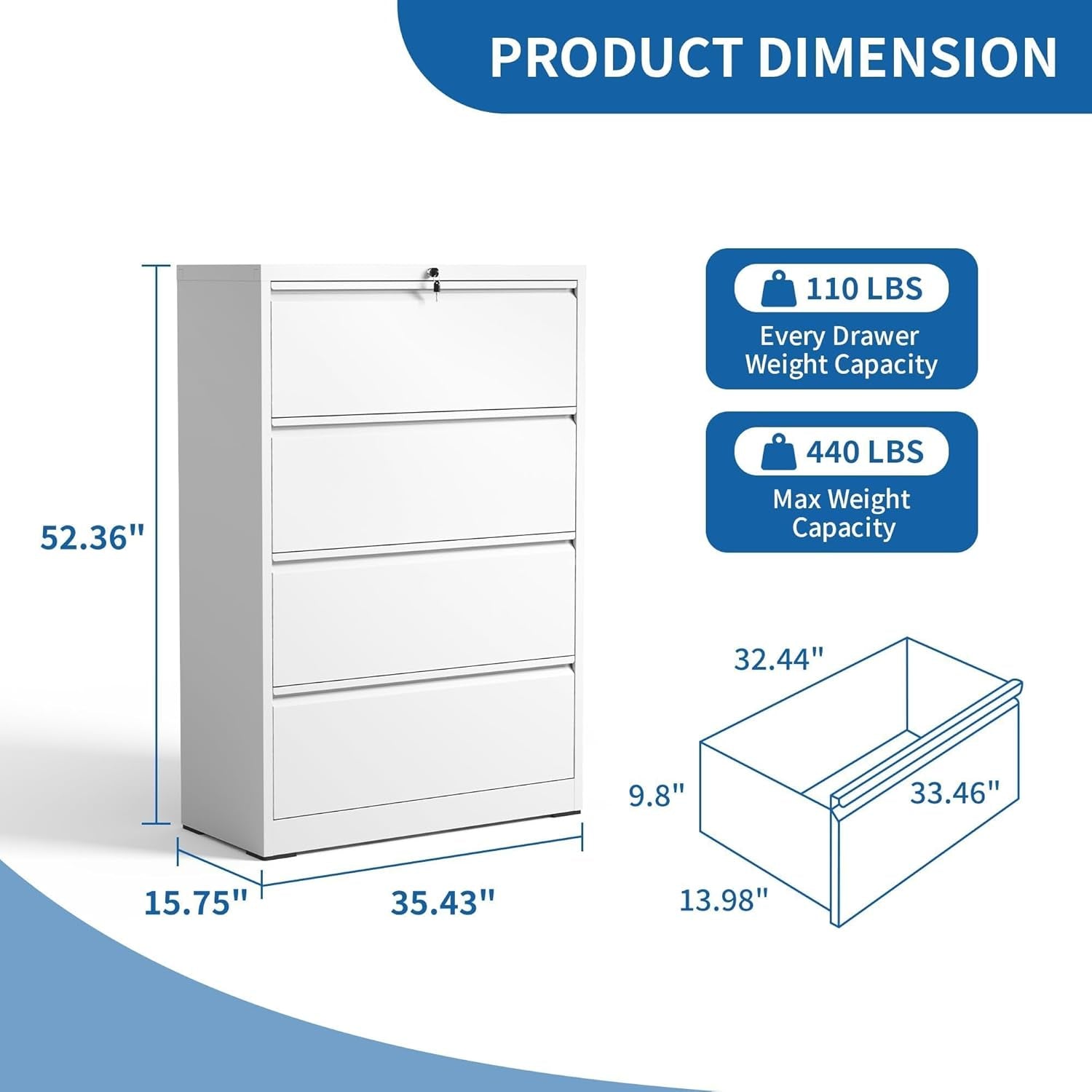Lateral File Cabinet 4 Drawer White Metal With Locks