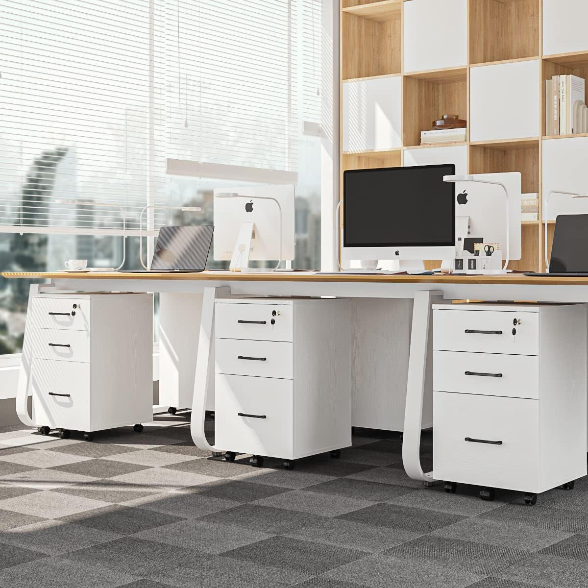 Three Drawer White Wood Mobile File Cabinet Under Desk Storage For Home Office Organization