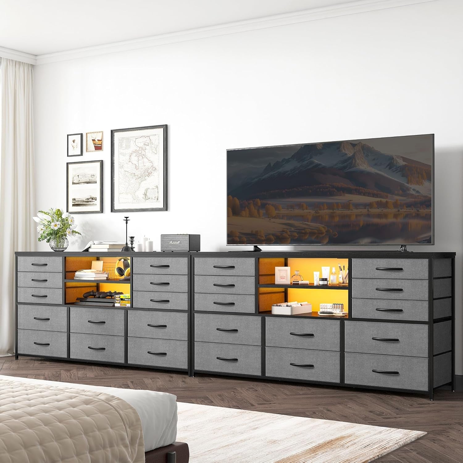 12 Drawer Long Dresser With LED Lights And Built In Power Outlet For Bedroom Storage