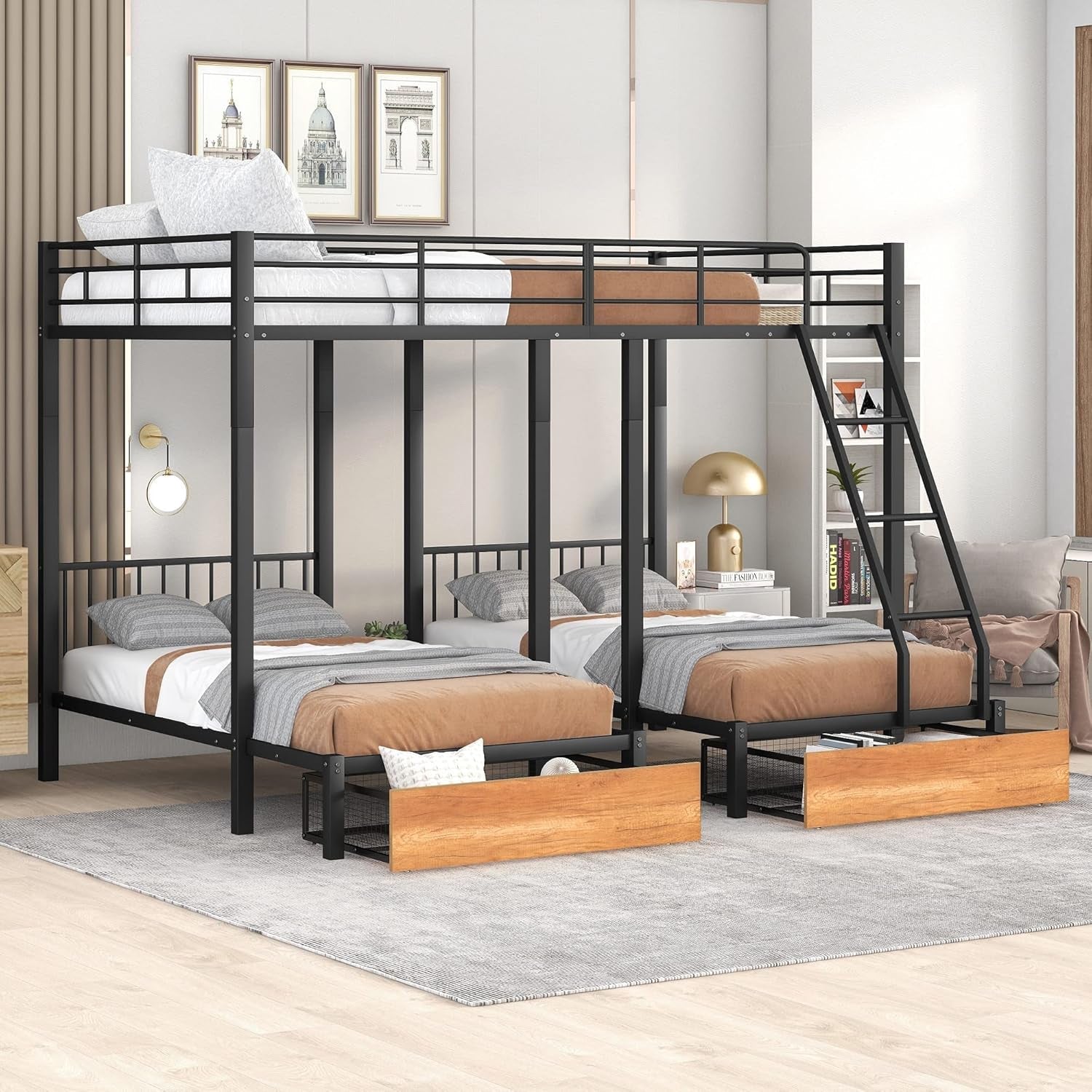 Black Metal Triple Bunk Bed With Drawers Full Over Twin Bunk Beds