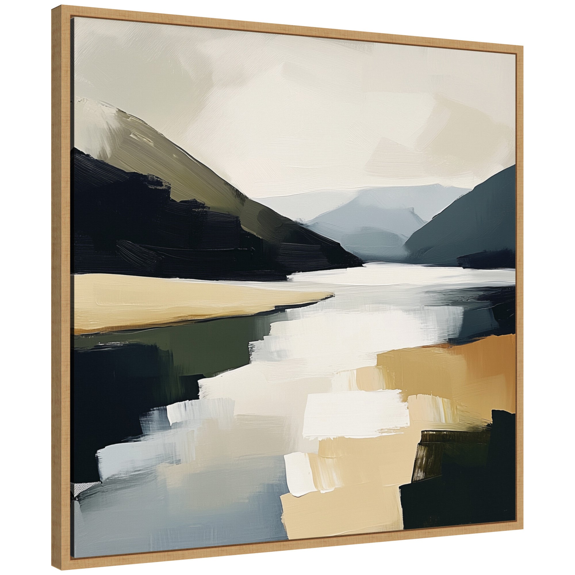 Sylvie Mountain Lake Modern Abstract Landscape Framed Canvas by The Creative Bunch Studio