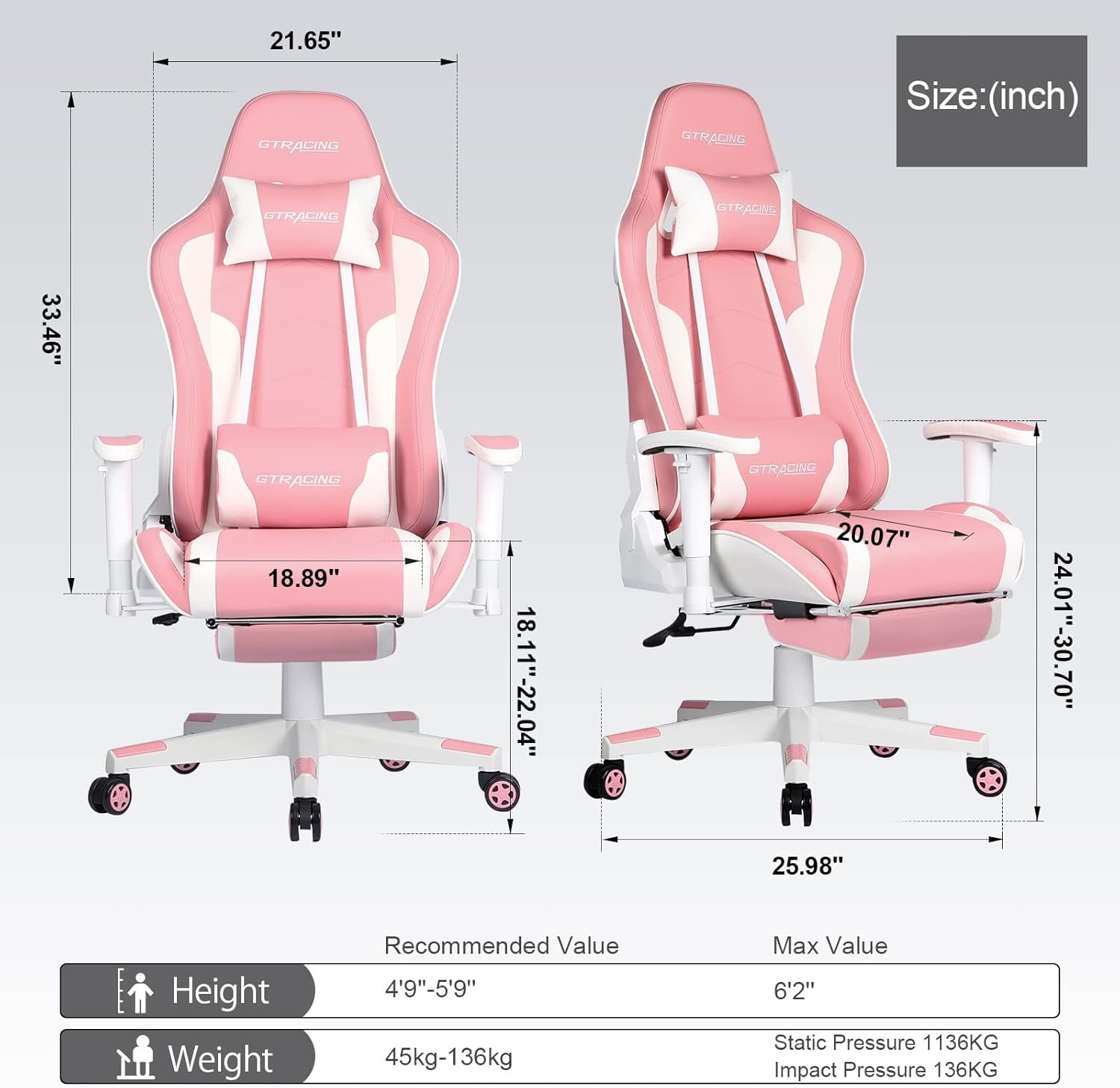 Pink Gaming Chair With Bluetooth Speakers And Footrest