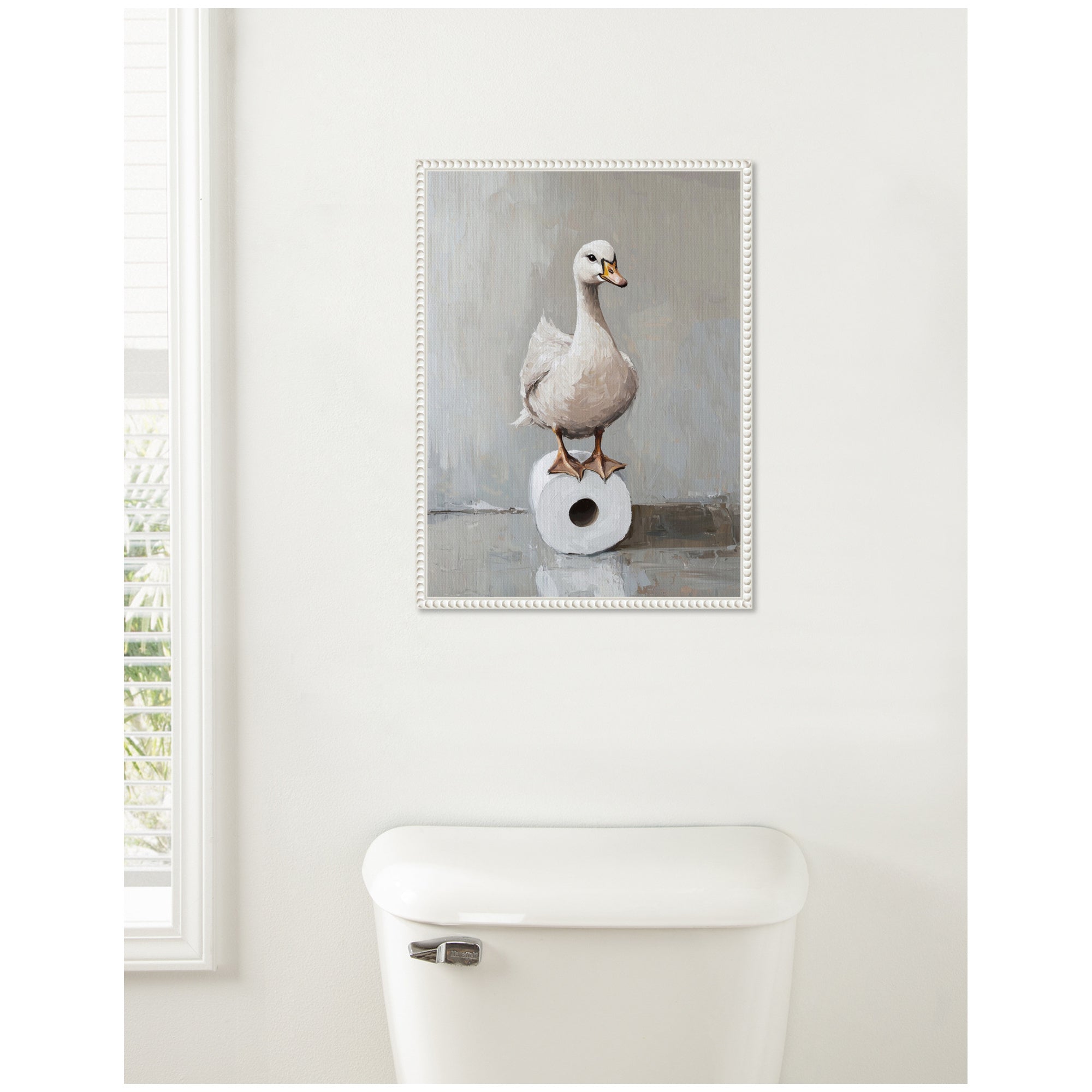 Sylvie Goose Standing on a Toilet Paper Roll Bathroom Art Framed Canvas by The Creative Bunch Studio