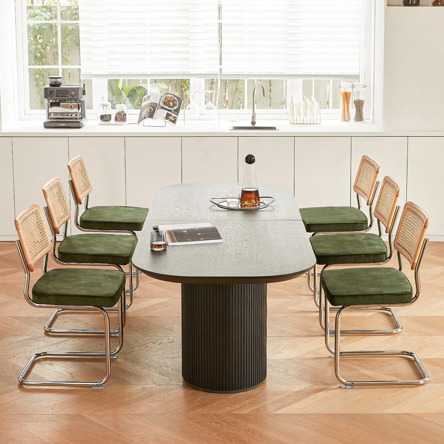 Green Rattan Dining Chairs FourPiece ChromeFinish Set