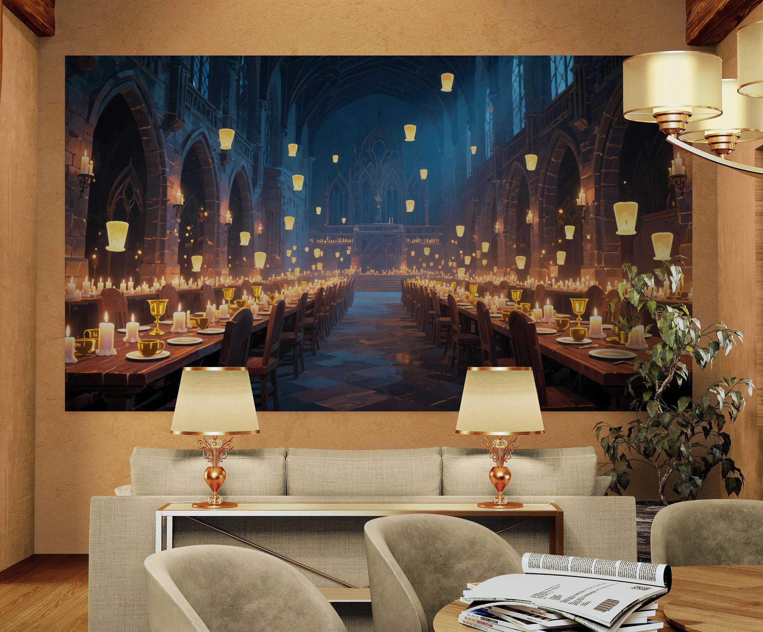 Floating Candles Great Hall Wallpaper Mural. Wizardly Dining Room Ambiance Wall Art. #6984